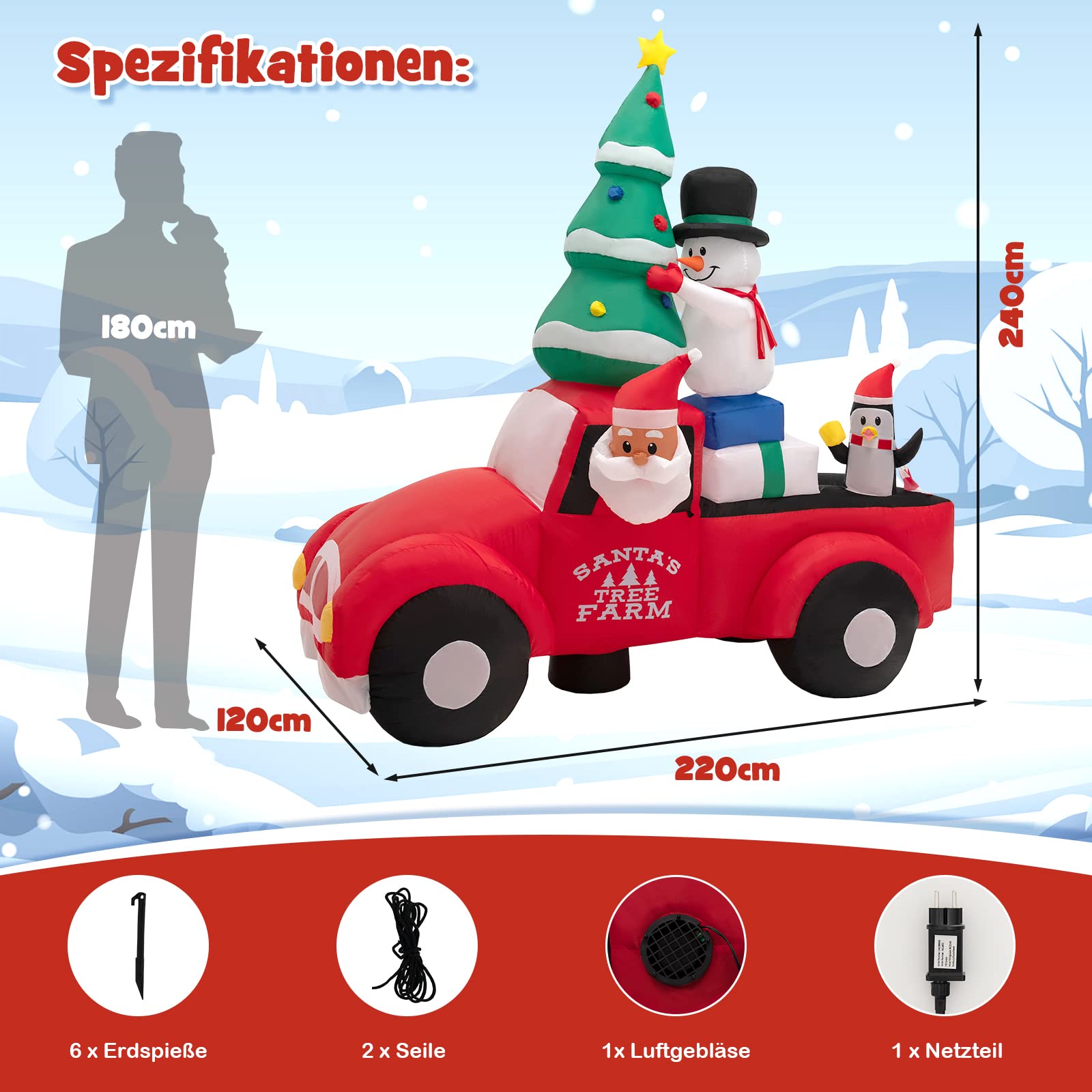 COSTWAY Aufblasbarer Weihnachtsmann fährt EIN Auto, LED Weihnachtsdekoration mit Schneemann, Weihnachtsbaum, Geschenk, Pinguin, Winterdekoration Polyester, für Hof Rasen Garten, Selbstaufblasend