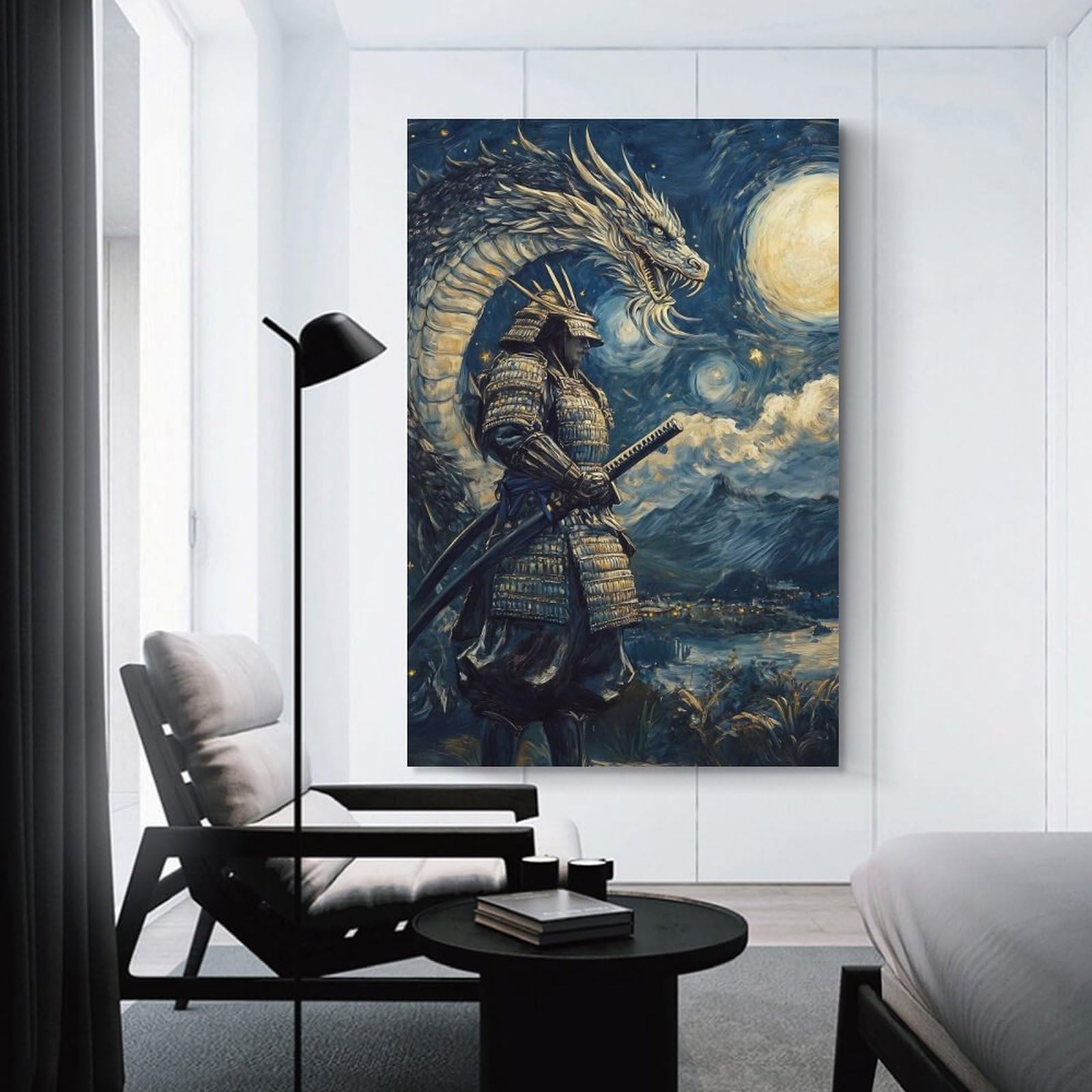 Junmoney Unframe-Style-19-1 Samurai And Dragon Home Decor Wall Art, 24X36inch(60X90cm), For Apartment Walls, Studios Or Work Areas, Decorative Canvas Decor For Home Updates
