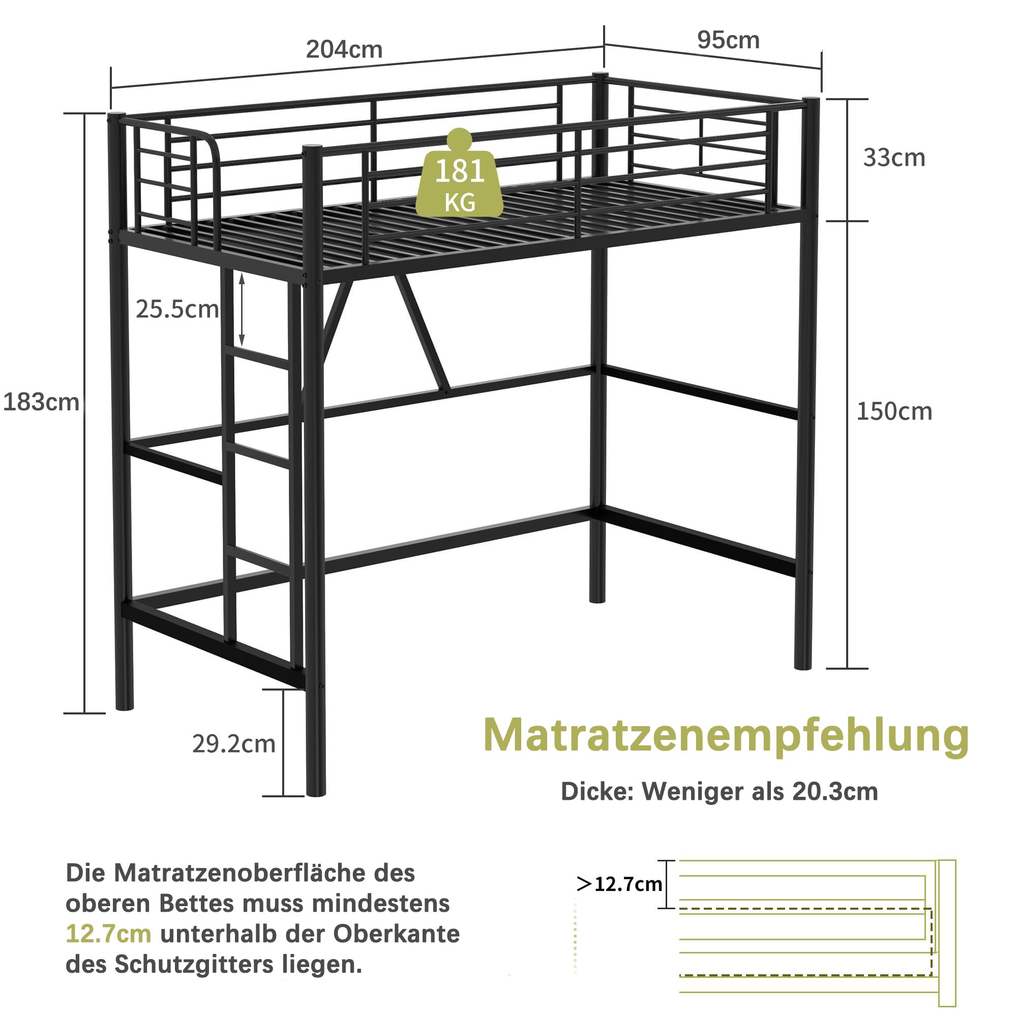 VECELO Etagenbett 90 x 200 cm aus Metall, Hochbett mit 150 cm Bodenfreiheit, abnehmbare Leiter und hohes Sicherheitsgeländer, geräuschfrei konstruiert für Kinder, Jugendliche und Erwachsene, schwarz