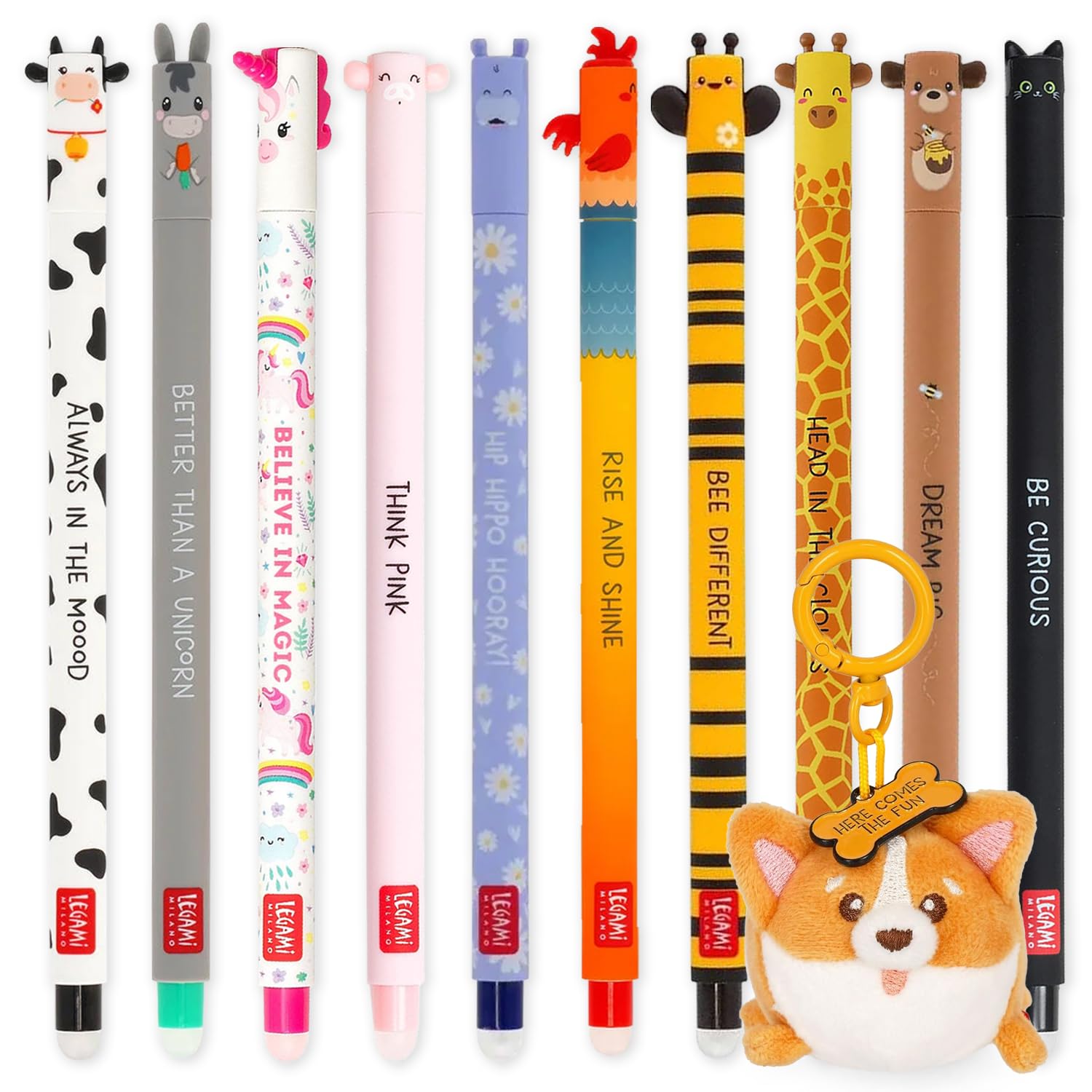 LEGAMI Stylo gel effaçable + porte-clés en peluche | Lot de 10 stylos avec encre effaçable thermosensible, gamme de couleurs d'encre, pointe de 0,7 mm | Motifs d'animaux mignons (Corgi)