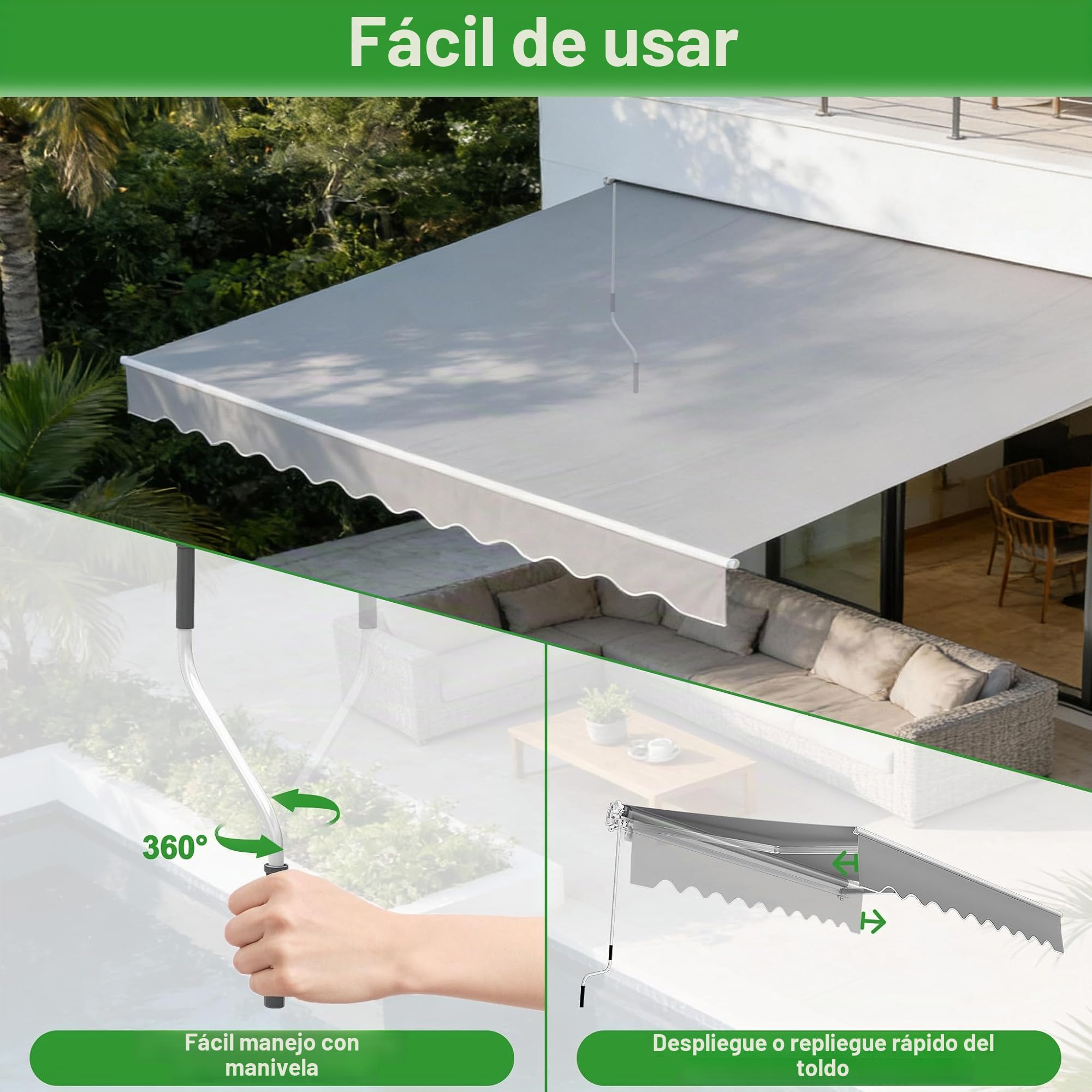 UISEBRT Toldo para balcón, 360 x 300 cm, con brazo articulado, toldo con abrazadera, protección solar, gris claro