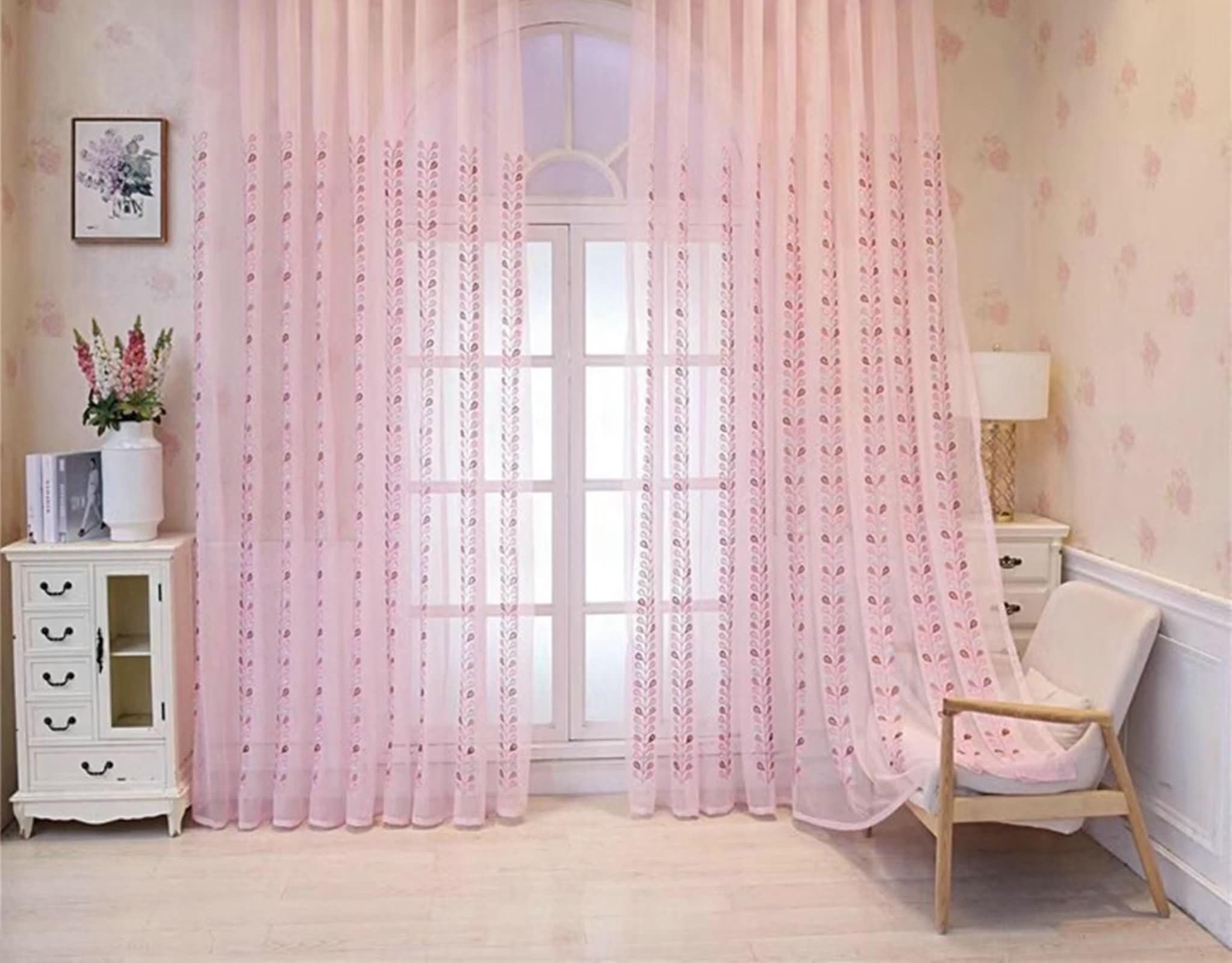 KnSam Rideaux Voilage Rose, 2 Pièces, Rideau Chambre Motif Feuilles Brodées à Crochets, 132x229cm x 1pcs