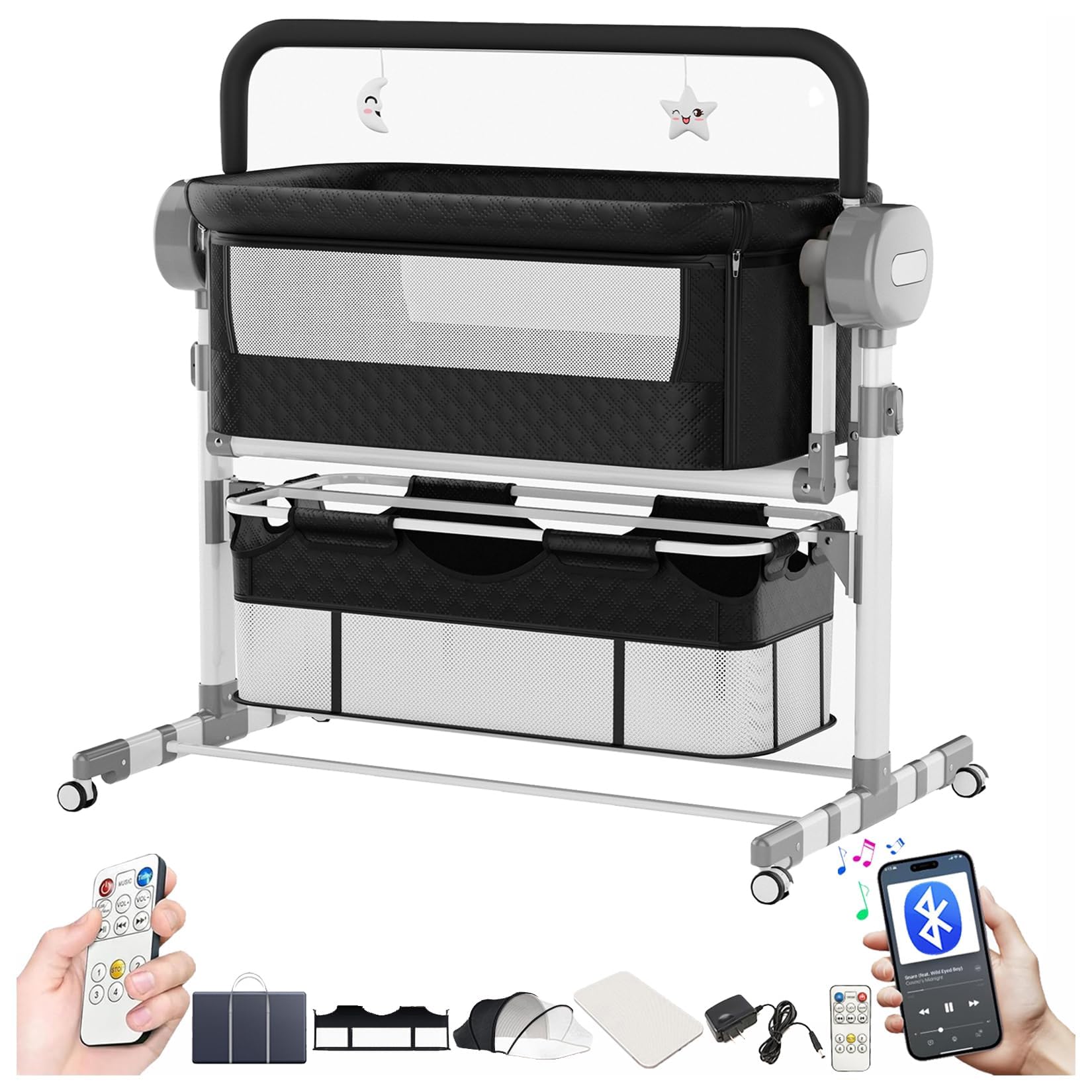 Nine point nine Elettrico Bluetooth Intelligente Culla Next to Me, Culla Neonato Fianco Letto, Convertibile Co-sleeping per Bambini Pieghevole con Musica 5 Ingranaggi Ondeggianti (608 Black)