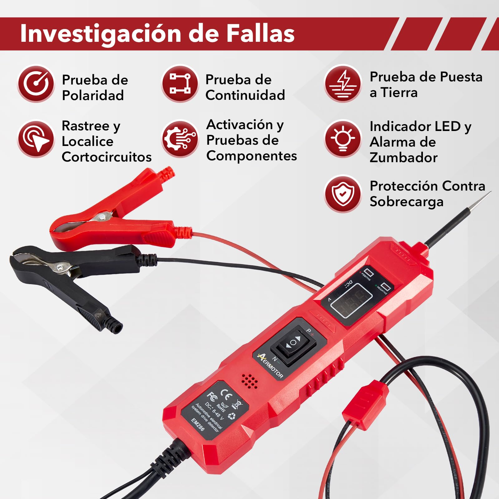 CarBole Probador de Circuito Eléctrico 6-48V,Con Sonda LED,Cable 4m (13 Pies),Protección Contra Sobrecargas,Probador de Cortocircuitos,Identificación de Polaridad