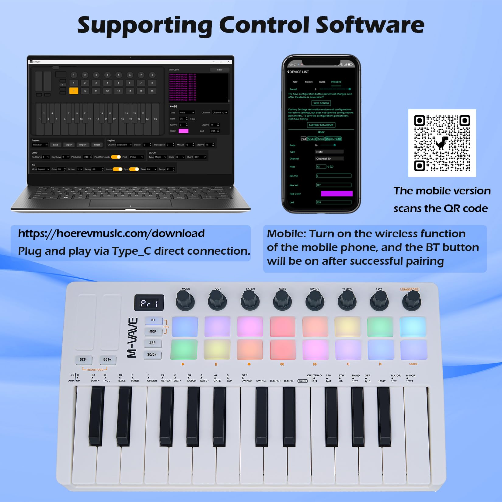M-VAVE 25 Tasten 16 Backlit Drum Pads MIDI Keyboard - Professioneller Beat Maker und Keytar für Keyboard Musikproduktion Builtin Battery Wireless Connect Weiß