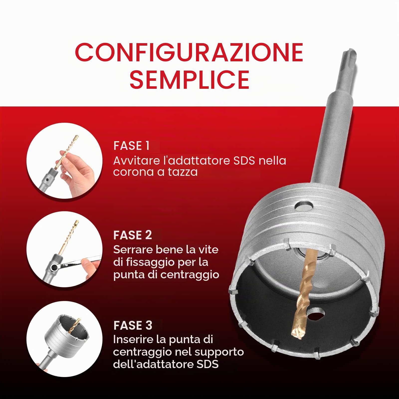 Set di punte per trapano SDS Plus, diametro 105 mm, filettatura M22, SDS Plus, adattatore 220 mm e punta di centraggio 8x110 mm, pietra artificiale, marmo (105 mm)