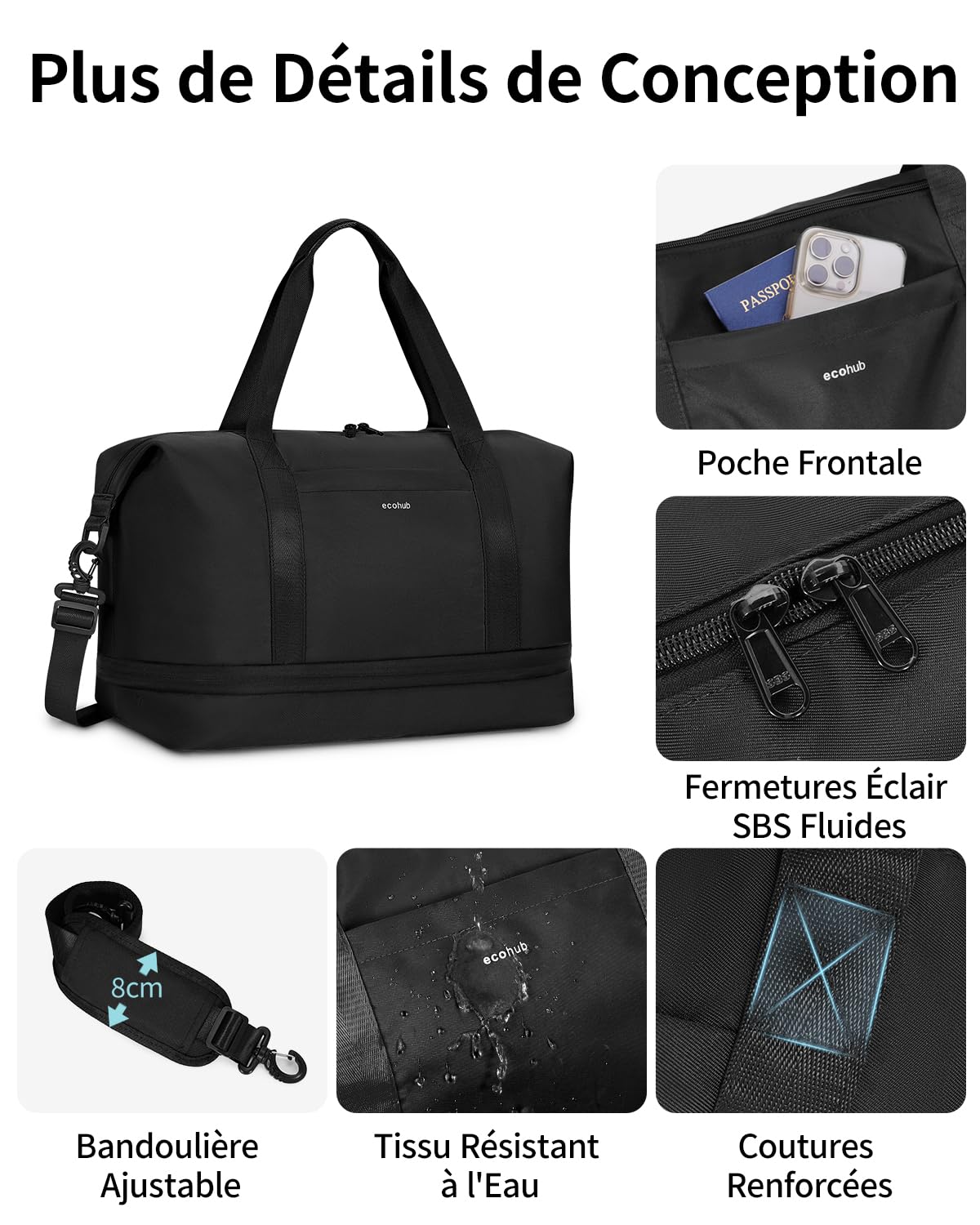 ECOHUB Extensible Sac de Voyage Femme, Bagage Cabine 40x30x20, Ryanair Sacs Cabine Avion avec Pochette Humide Amovible, Sac Weekend Maternité, Pet Recyclé Petit Bagage à Main, Noir, 20L-28L