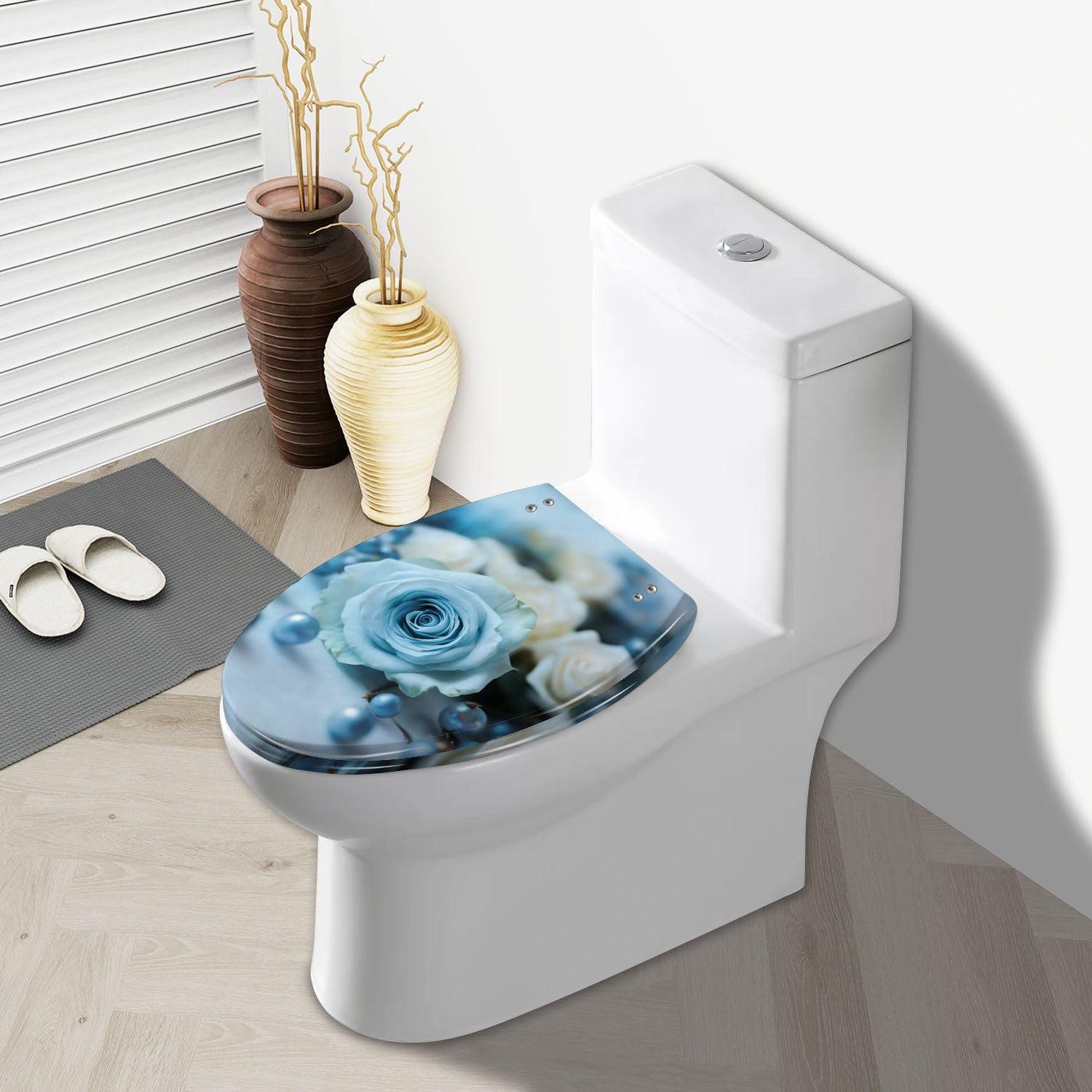 Sedile WC Allungato Blu, con Decorazioni A Rose, Conchiglie E Resina Perlata, Chiusura Lenta E Silenziosa con Cerniere A Sgancio Rapido, Facile Da Pulire E Installare con Copriwater.