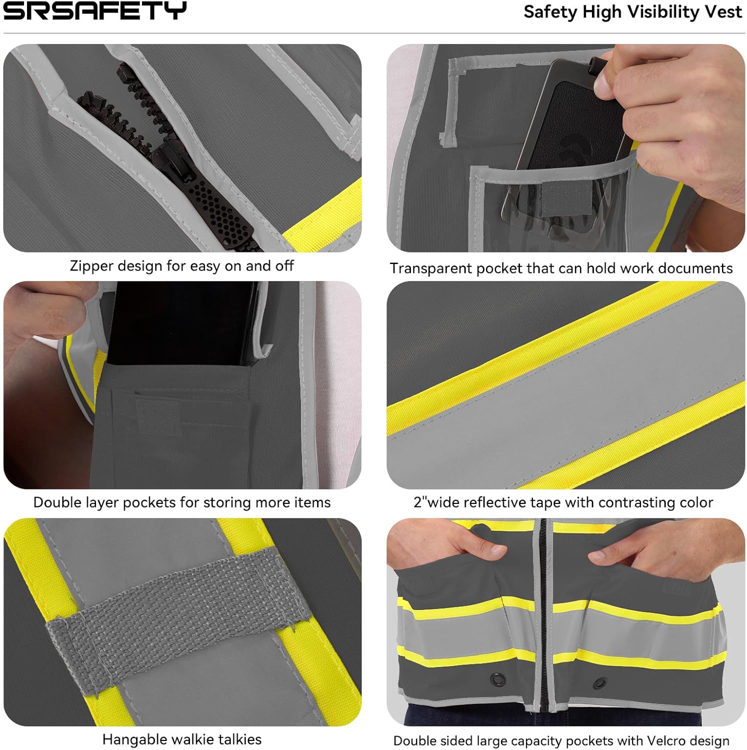 SRsafety High Visibility 9 pockets Reflective Safety Vest,Hi Vis Reflective Construction Work Vest for Men Women ANSI/ISEA - Image 3