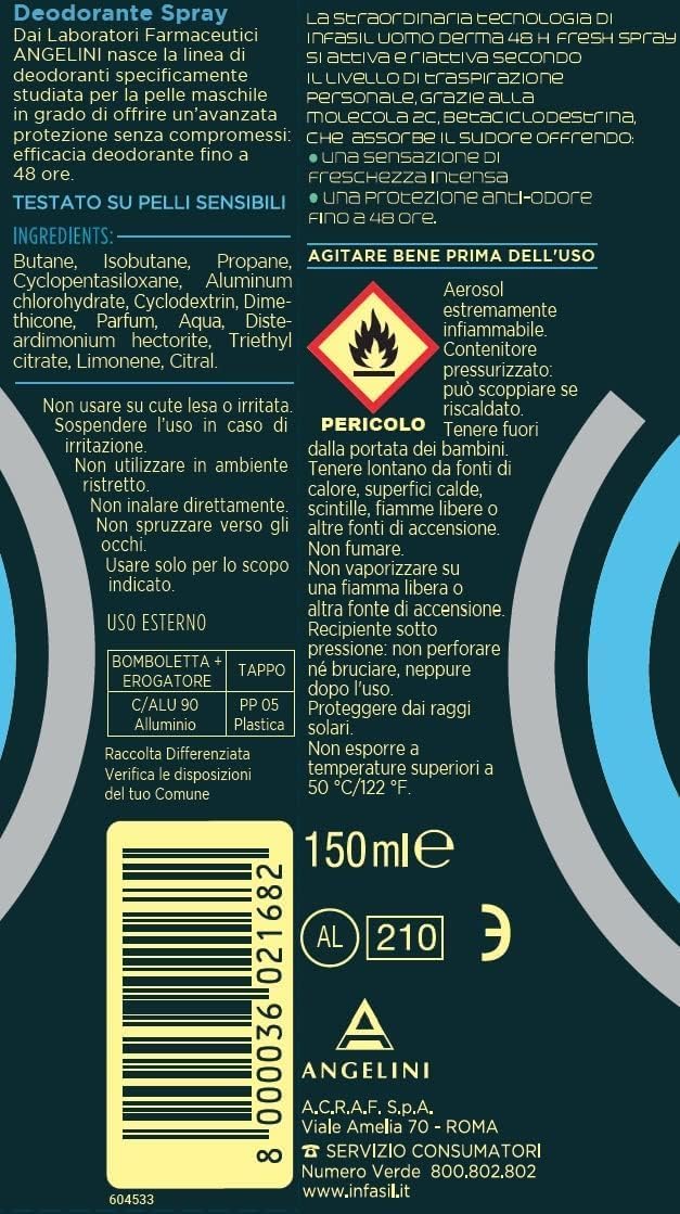 Infasil Uomo Derma 48h Fresh - Deodorante spray da uomo, con molecola 2C, freschezza intensa, 150 ml, 12 pezzi + portachiavi Italy Shop in omaggio