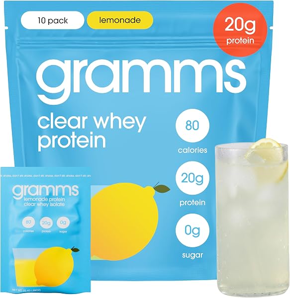 GRAMMS Clear Protein Powder Packets 20G Protein for Women & Men & Lactose Free, Grass-Fed Whey Isolate, Gluten Free, Zero Sugar, Gut Friendly, Non-Bloating (Lemonade-10 Servings)