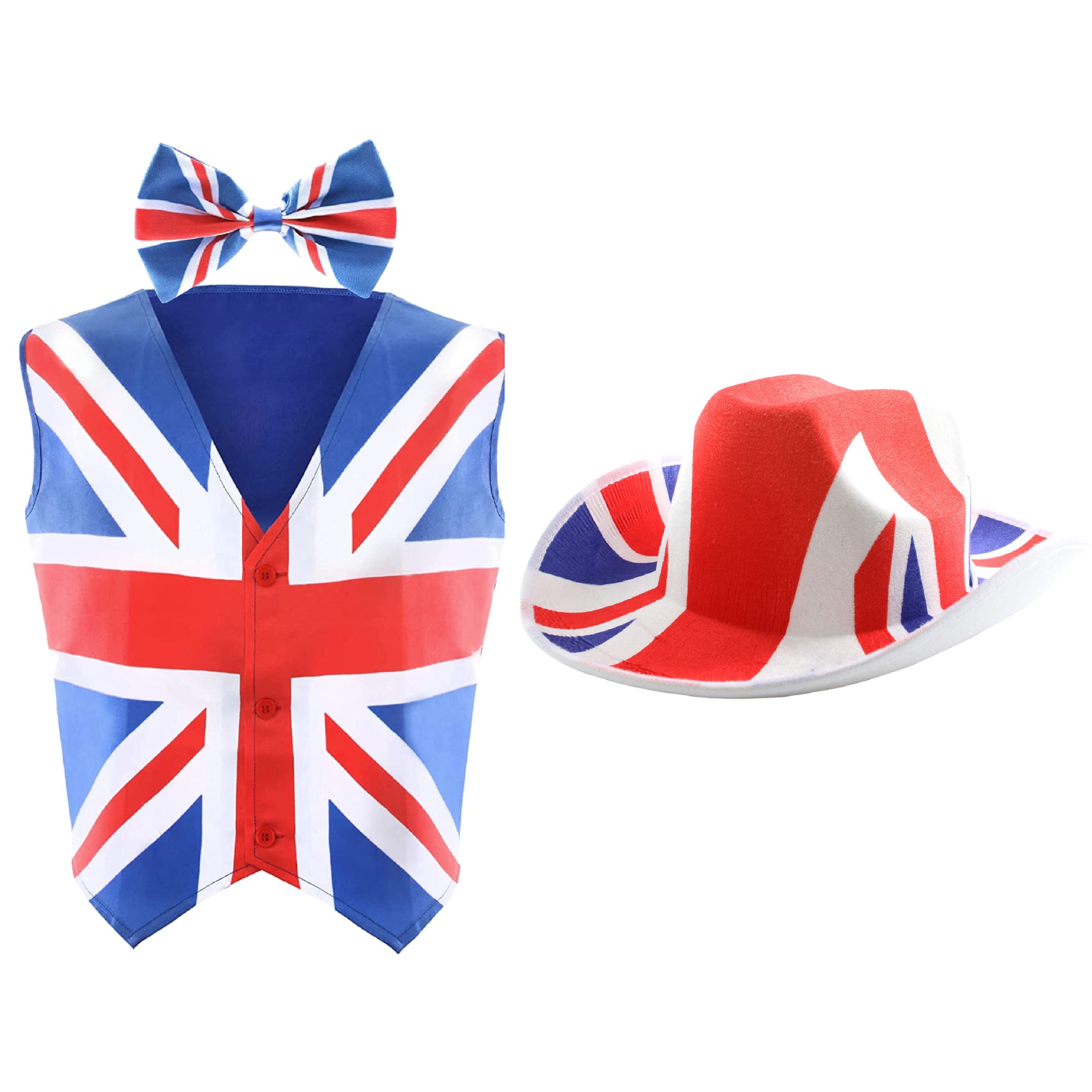 Adults Union Jack Costume - Medium - Union Jack Waistcoat + Union Jack Bowtie and Union Jack Cowboy Hat - King's Fancy Dress Costume VE DAY COMMONWEALTH