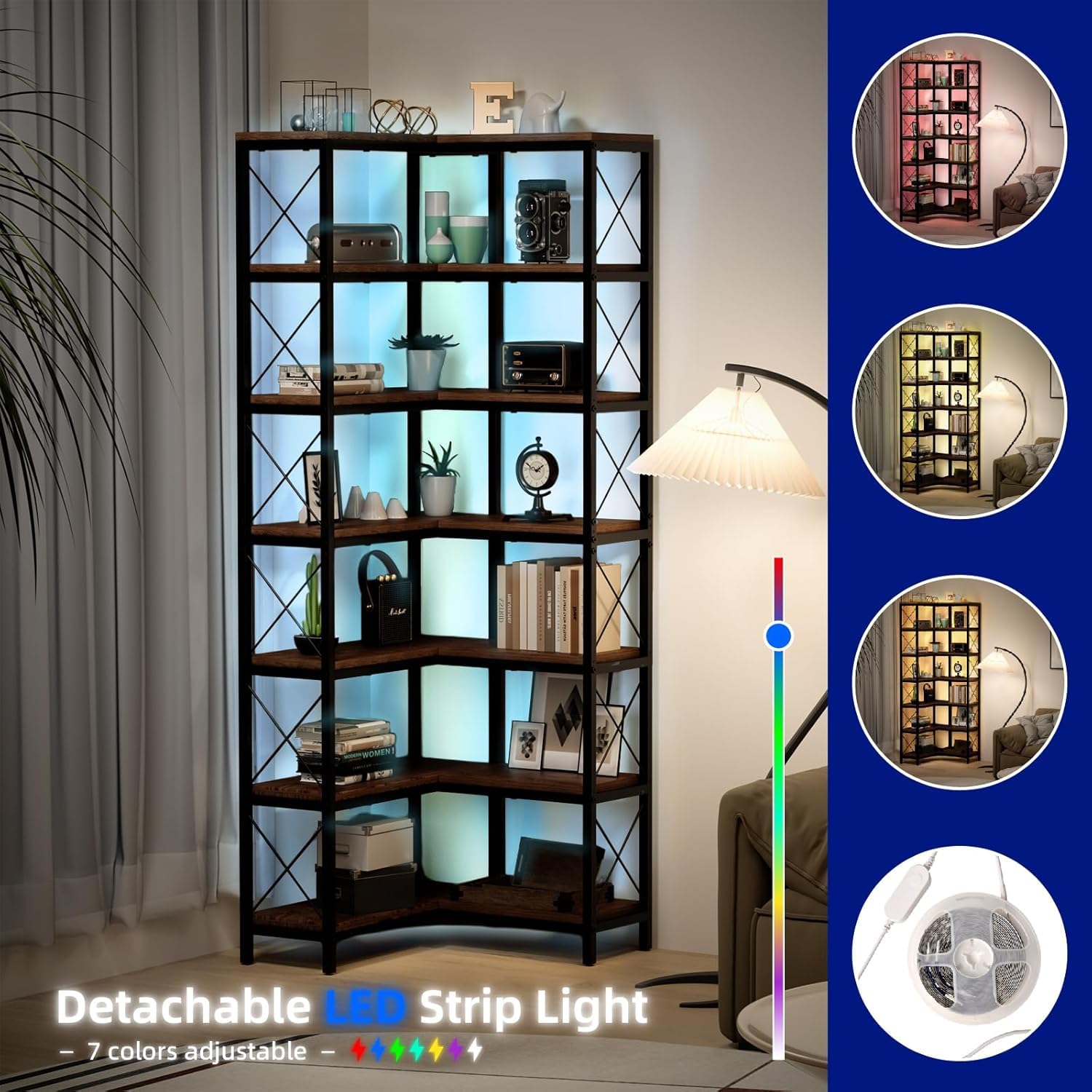 Amazon.com: 7 Tier Corner Bookshelf with Storage Tall Rustic Shelf