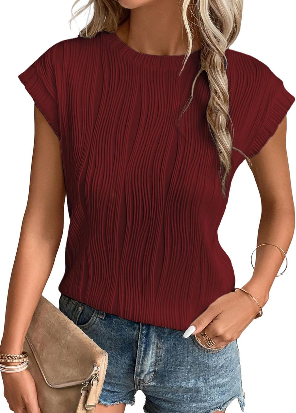 Womens Short Sleeve Textured Tops Crewneck Knit Solid Loose Casual Basic T Shirts Tee Blouses