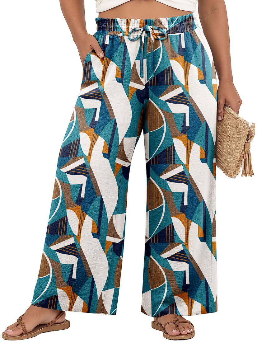 OLRIK Womens Plus Size Pants High Waisted Wide Leg Adjustable Drawstring Long Straight Trousers Fall Outfits