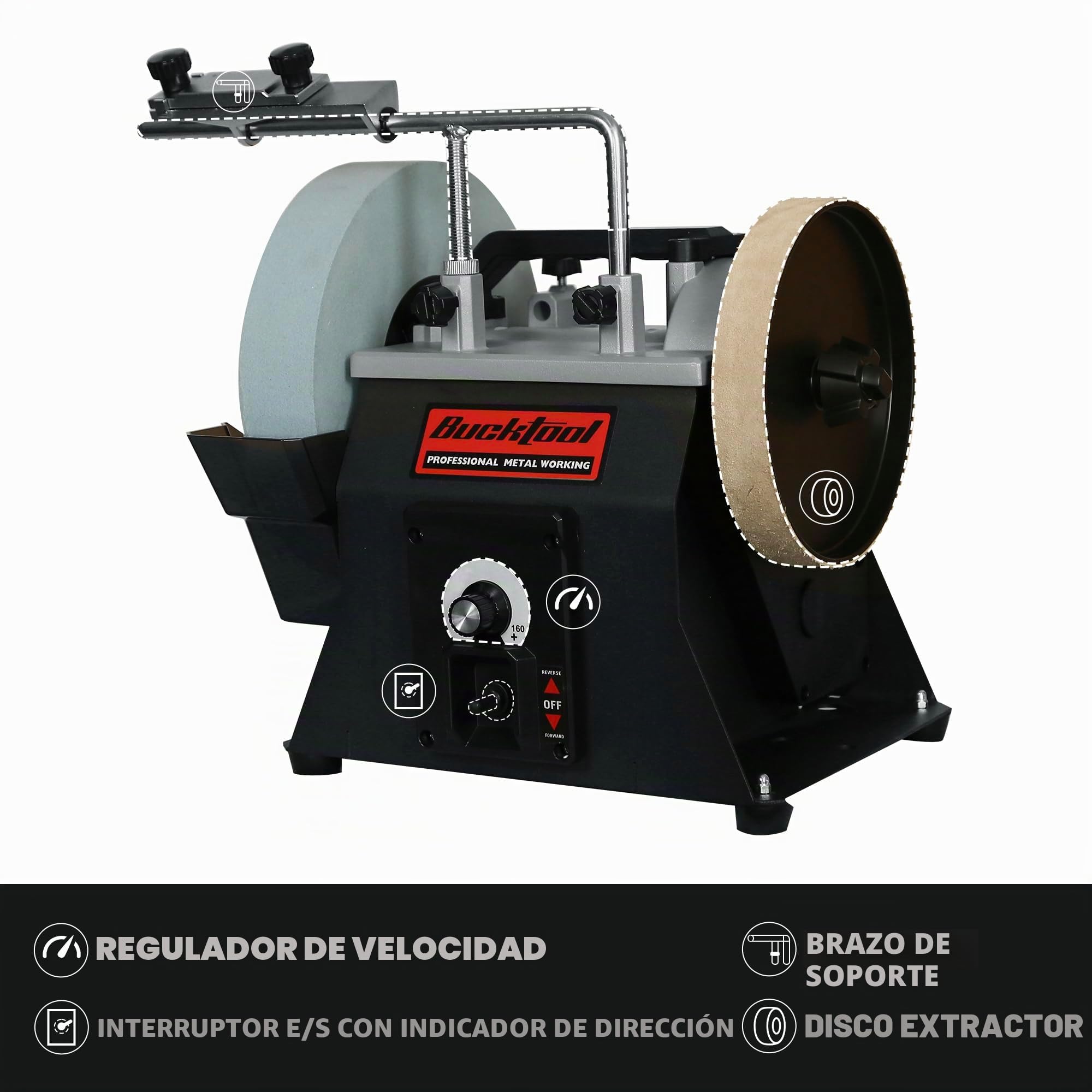 BUCKTOOL Afilador de velocidad variable de 250 mm, 90-160 rpm, sistema de afilado húmedo y seco de grano 220 refrigerado por agua en dos direcciones