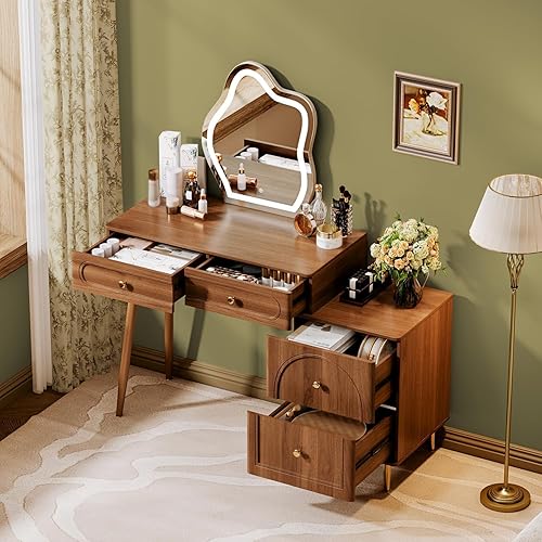 Miniatura 2 de Mesa de tocador de maquillaje de esquina elegante marrón de 31.5 pulgadas, con espejo iluminado y 4 cajones espaciosos, tocador esencial para