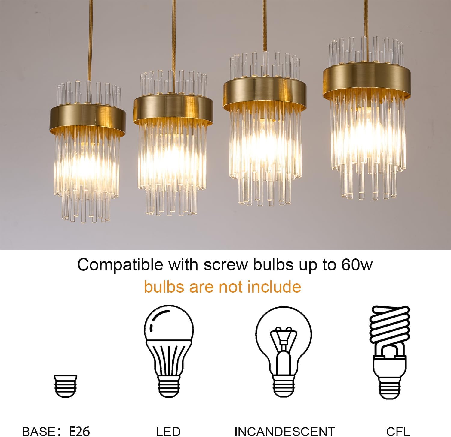 Dijiahua 4-Light Gold Pendant Lights Kitchen Island Over Table, Modern Crystal Brushed Brass Linear Chandeliers,Adjustable Cord Hanging Counter Lamp Fixture for Dinning Room,Sink
