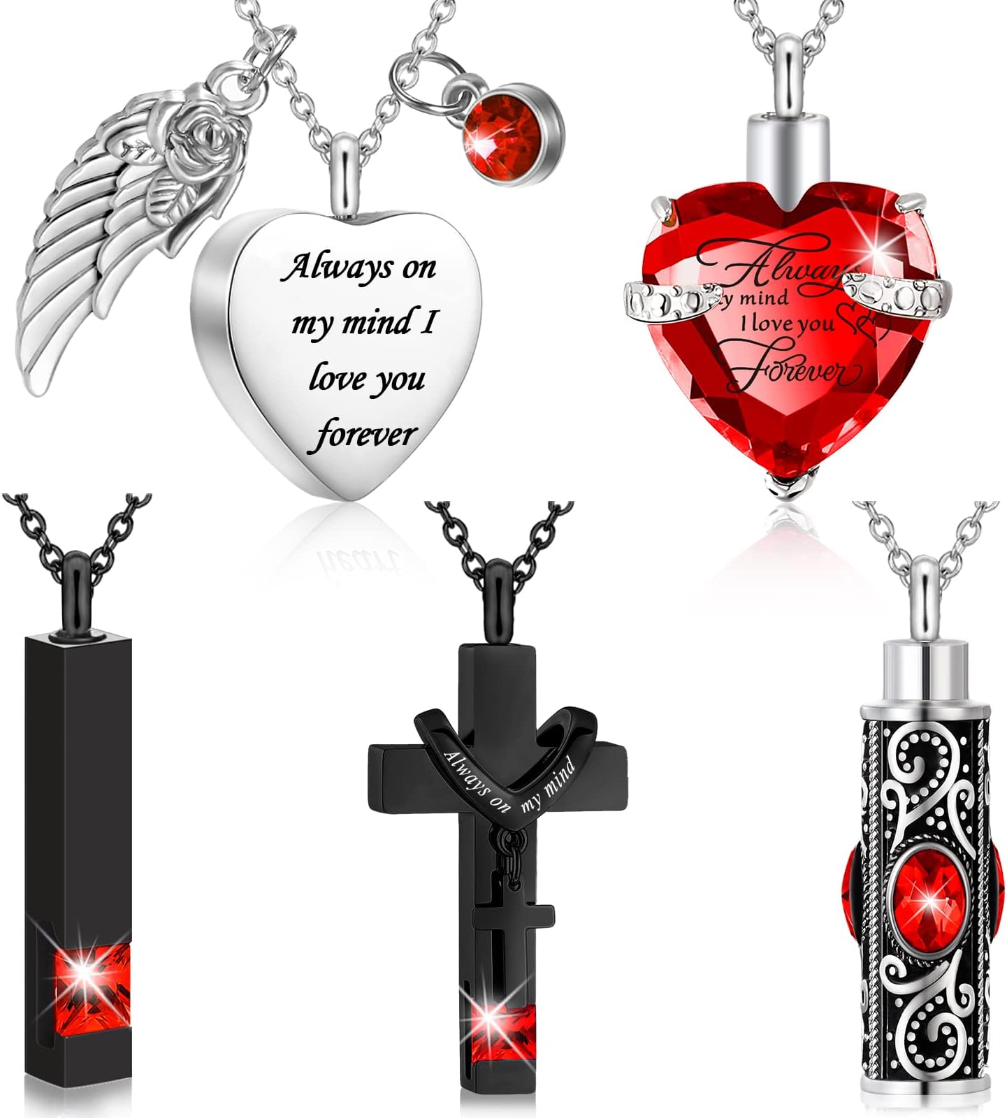 Fumete 5 Pcs Urn Necklace for Ashes Cremation Jewelry Necklace Set for Ashes Memorial Keepsake Heart Cross Cubic Stainless Steel Urn Jewelry for Loved One or Pet Women Men, 5 Styles