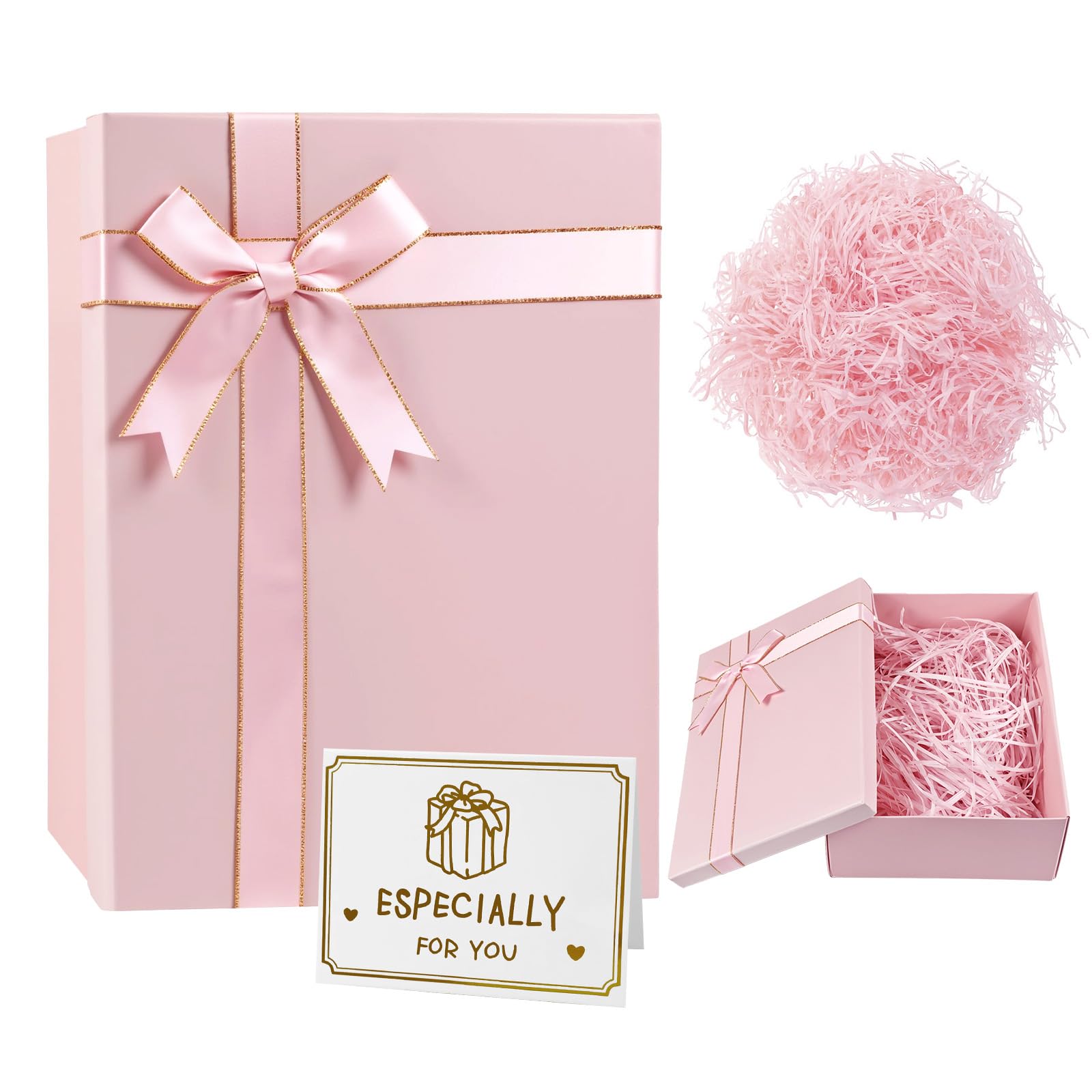 MSLHUB Luxury Gift Box, Cardboard Gifts Box with Lid Greeting Card Shredded Paper, Large Packaging Box with Bowknot for Present Proposal Bridal Showers Christmas Birthday 28 * 20 * 9 cm (Pink)