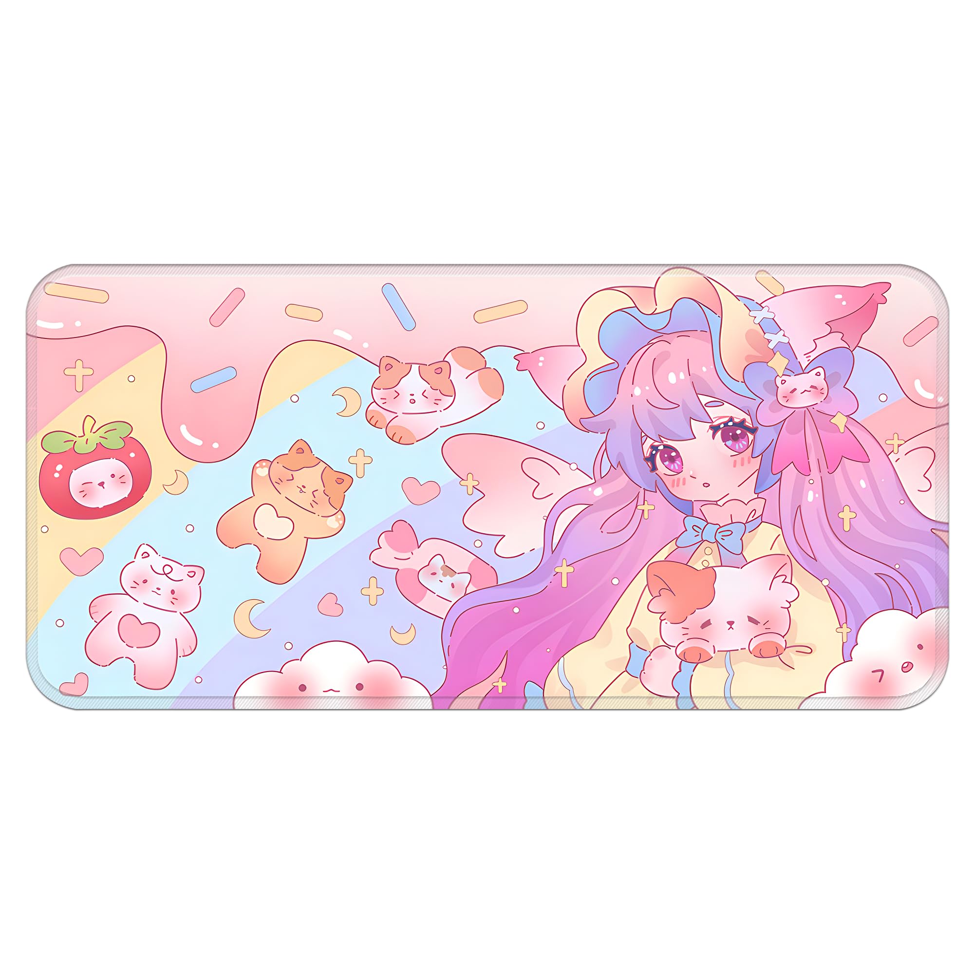 PERFECTSIGHT Cute Kitty Desk Mat Kawaii Desk Pad, Large Gaming Mouse Pad, Funny Anime Angel Girls Deskmat Mousepad, Anime Laptop Keyboard Pad Office