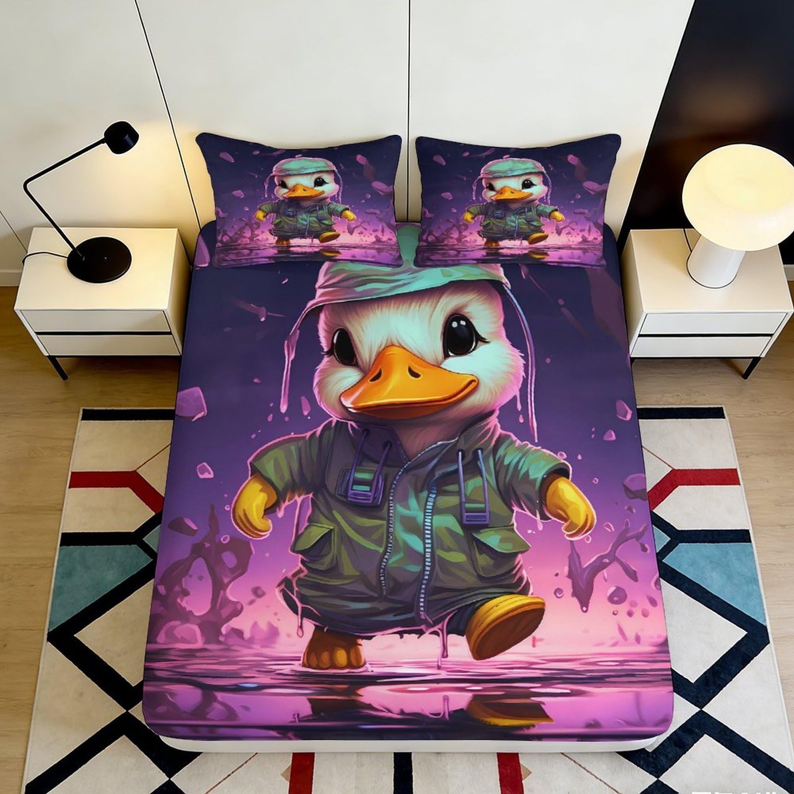 3D Printed Cartoon Duck Fitted Sheet Microfiber for Adults Teens Bedroom Deep Pocket Cartoon Duck Mattress Fitted Cover Non-Slip Washable 200x200x25cm 90x200x25cm