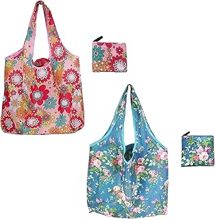 2 Pieces of Reusable Shopping Bags, Eco-Friendly Flip Shopping Bags, Floral Pastoral Style Handbag, Foldable Carrying Bag, Suitable for Shopping, Grocery Shopping, Shopping, Work (Pink, Blue)