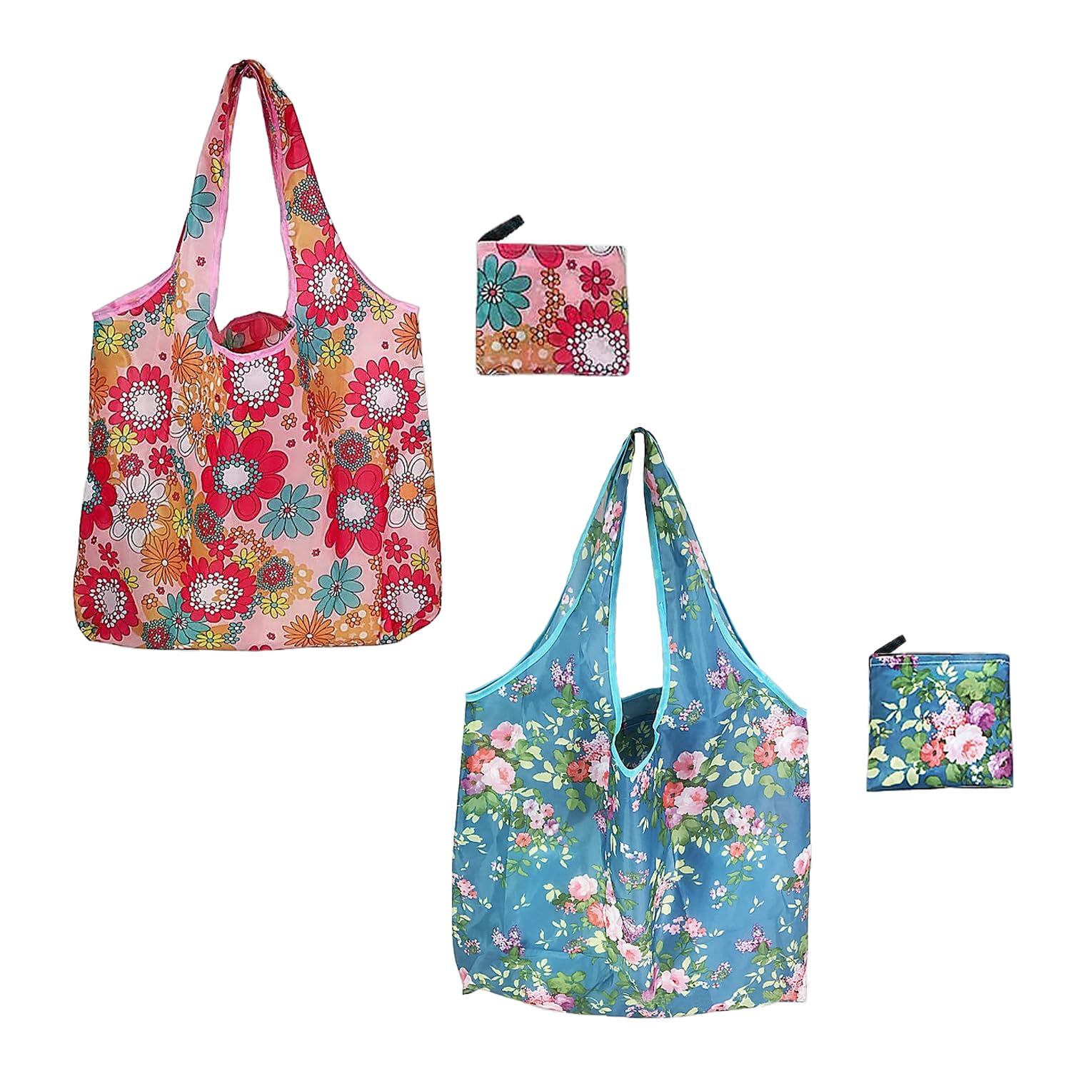GVSAVY2-Piece Reusable Shopping Bags, Eco-Friendly Flip Bags, Floral Pastoral Style Handbag, Foldable Carrying Bag, Suitable for Grocery & Work (Pink, Blue)