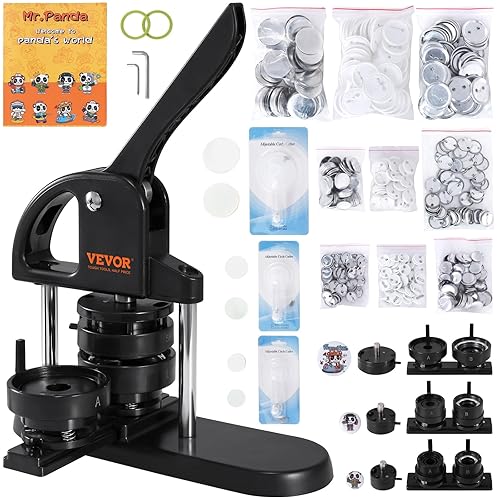 VEVOR Button Maker, 1/1.25/2.28 inch(25/32/58mm) 3-in-1 Pin Maker with 300pcs Button Parts, Ergonomic Arc Handle Punch Press Kit, Button Maker Machine with Panda Magic Book, for Children DIY Gifts - Black 3 in 1 + 300 pcs