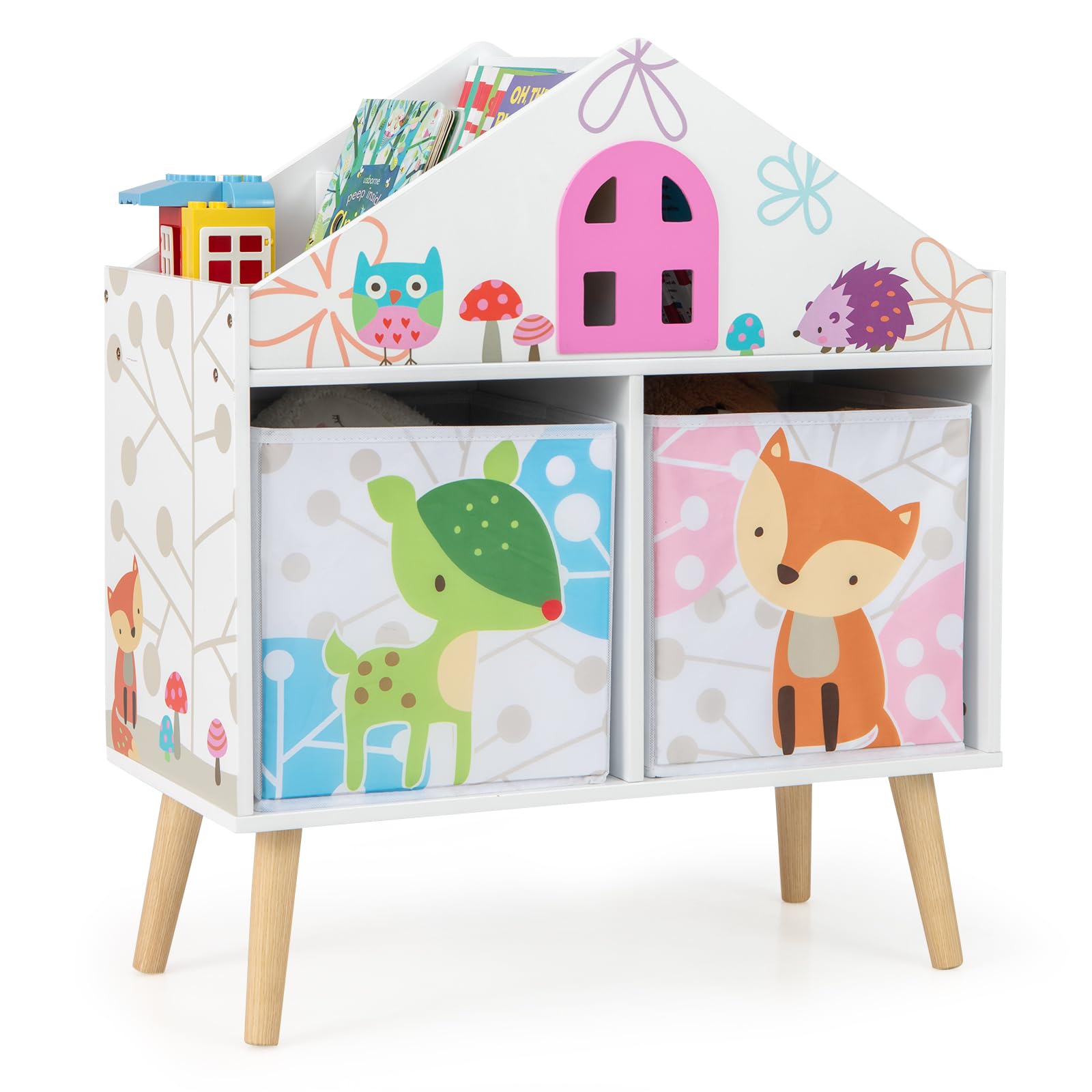 GOPLUS Estanteria Infantil de Juguetes y Libros para Niños, Organizador de Almacenamiento con 2 Cajones y 4 Compartimentos Abiertos de Gran Capacidad, Mueble Infantil con Patas Elevadas, 62×30×72 cm