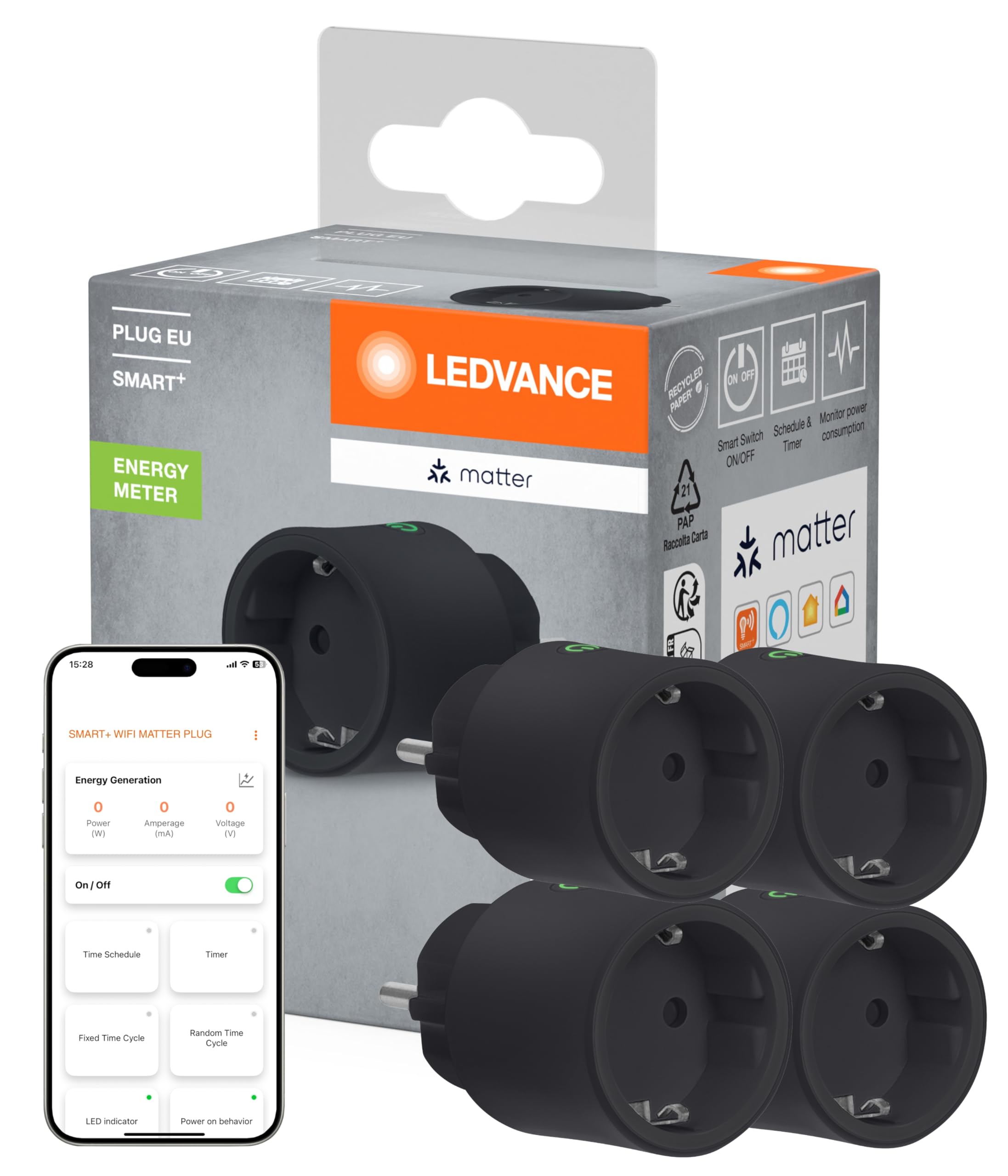 LEDVANCE SMART+ Indoor Plug, Prise intelligente avec Matter over WiFi, pour l'intégration d'appareils conventionnels dans la maison intelligente, compatible avec Alexa, Google& Apple, noir, pack de 4