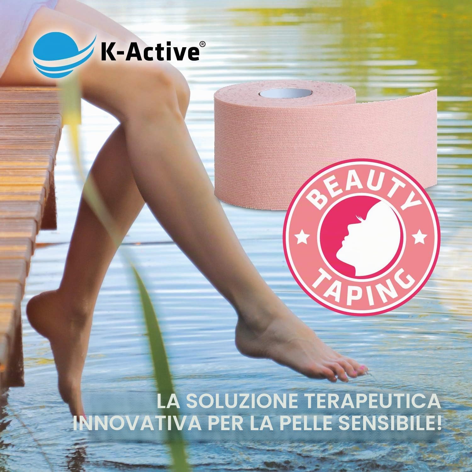 Nastro kinesiologico K-Active GENTLE con tecnologia adesiva STRATAGEL®, idrorepellente e anallergico, 50 mm x 5 m, confezione da 6