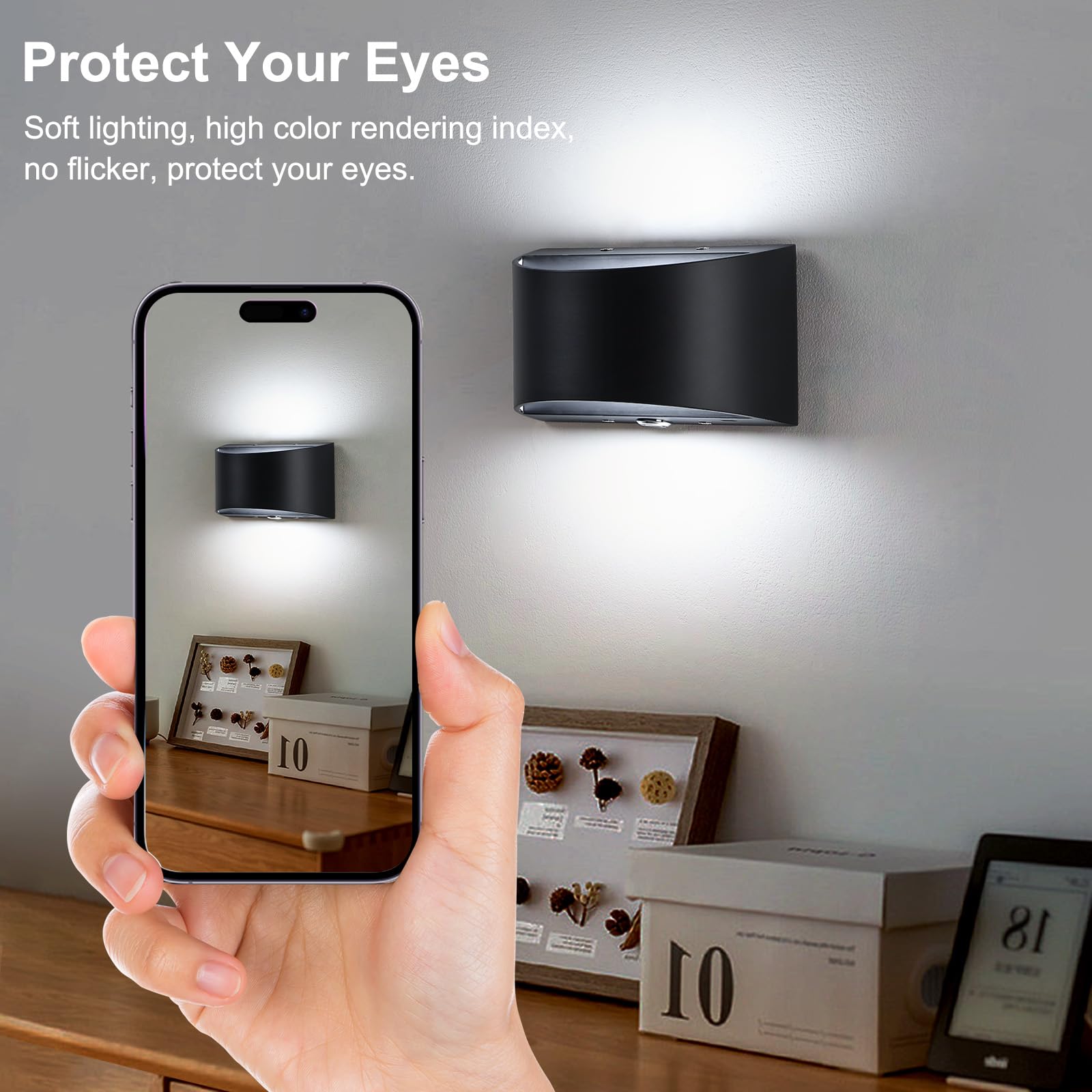 Lightess LED Wall Sconce, Dimmable Wall Light with Rechargeable Battery Operated USB, Touch Control, Up Down Wall Mount Lamp for Bedroom Hallway Living Room, Black, Cool White