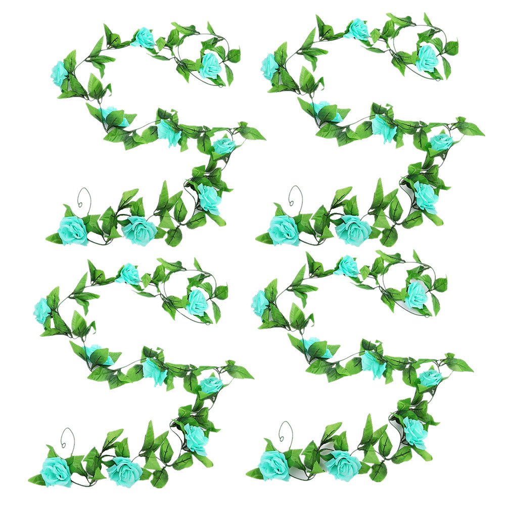 Zhiheng 4 Pack 2.4 Meters Artificial Rose Vines with Green Leaves Fake Flowers Plants Hanging Garden Vine Garland for Wedding Home Party Decor Rustic Craft Supplies (Aqua)
