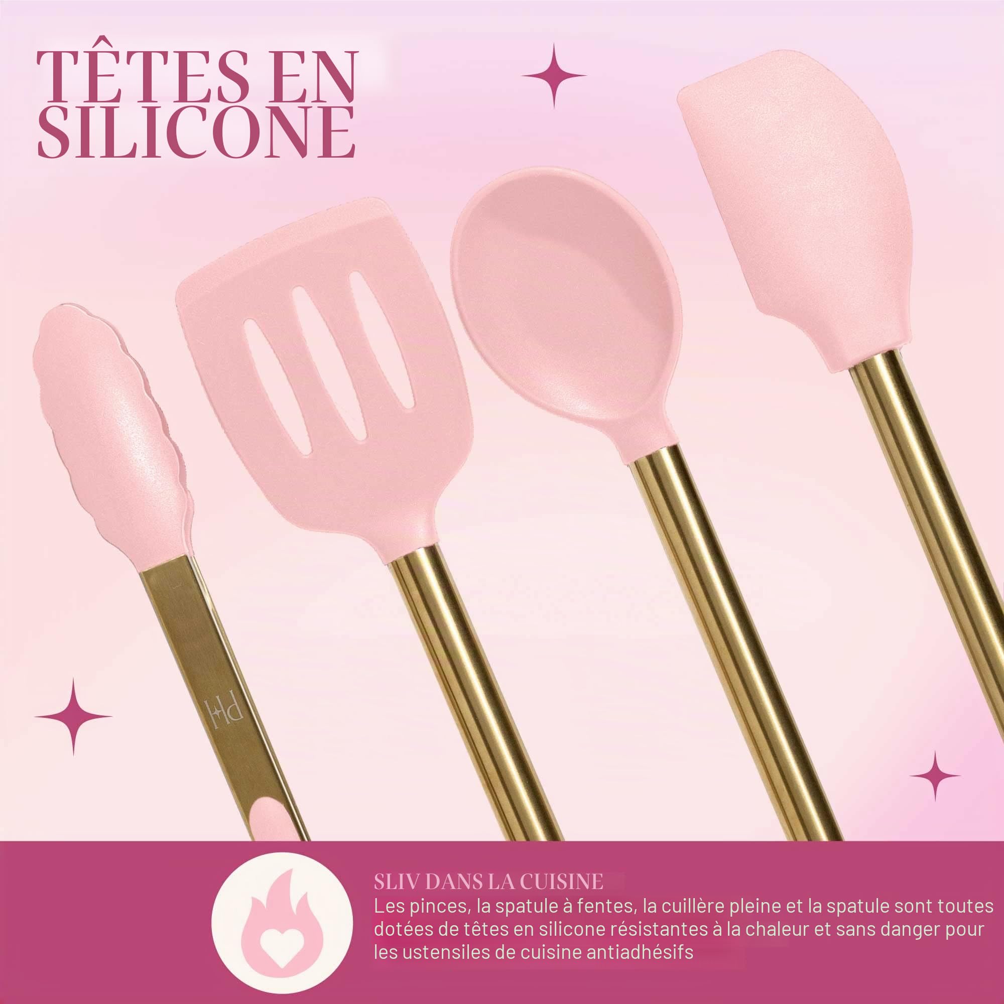 Paris Hilton Ensemble de 7 ustensiles de cuisine en acier inoxydable rose