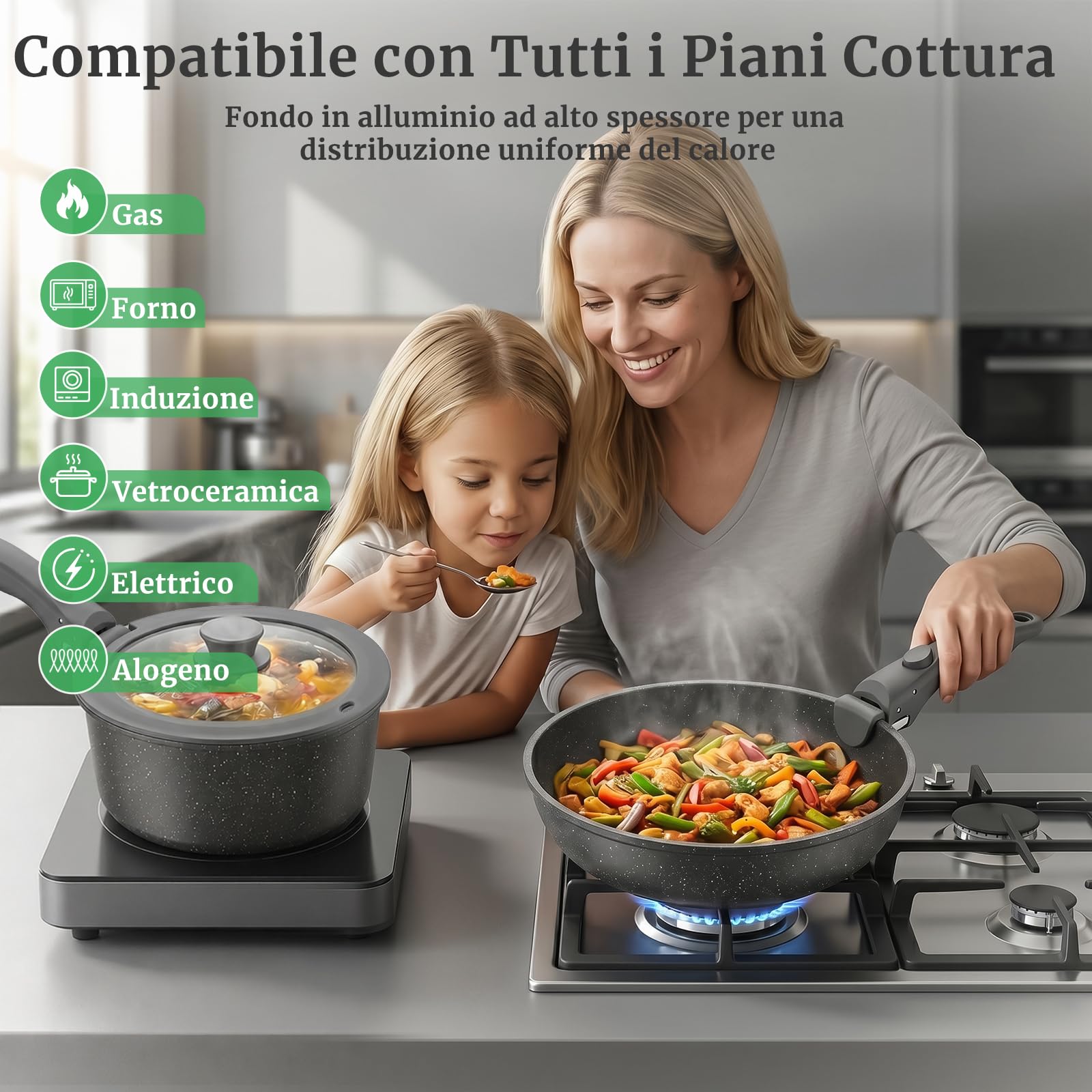 YASHE Pentole induzione 20 pezzi, atossiche, senza PTFE e PFAS | Senza PFOA Set Pentole e Padelle Antiaderenti in Granito, Pentole Impilabili, Salvaspazio per Camper e Monolocali
