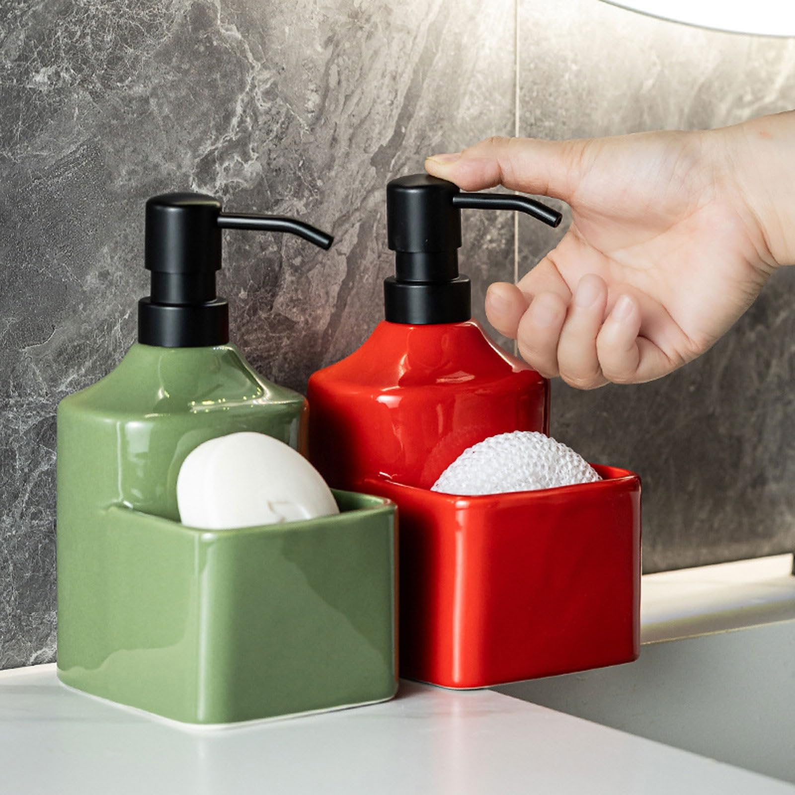 Ręczny dozownik mydła z, Dozownik do mydła 2 w 1 z uchwytem na gąbkę, wielokolorowy, sztuki, ceramiczny(Red)