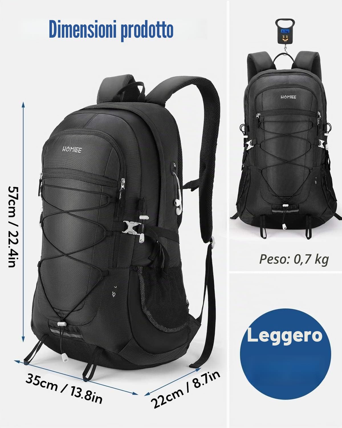 HOMIEE Zaino Trekking 45 Litri, Resistente all'acqua, Zaino da Escursione per Trekking Alpinismo, Multifunzione Zaino da Campeggio per Sciare Sport Viaggio, Donna e Uomo