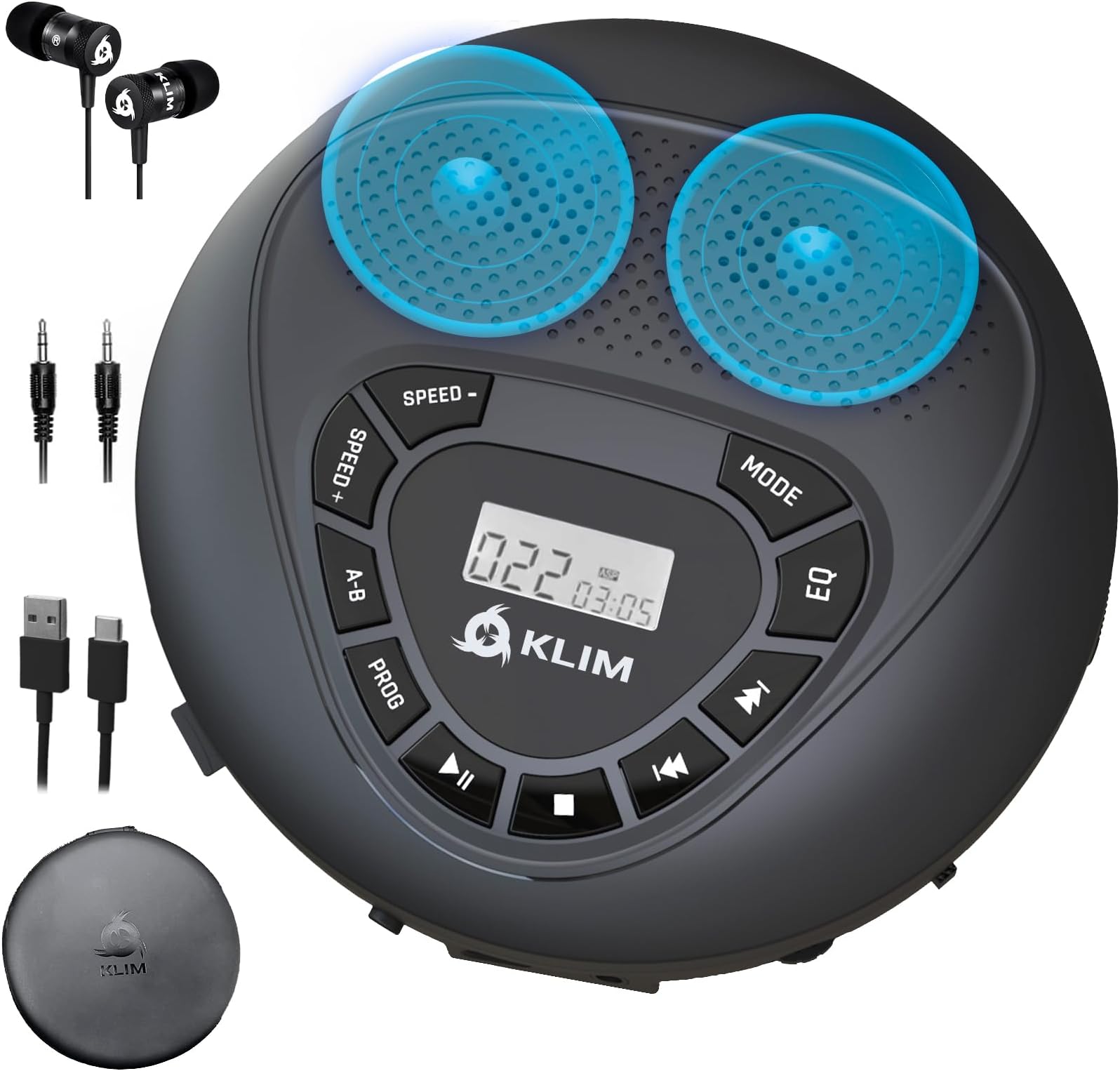 KLIM Speaker - Bluetooth CD Player With Speakers - New Version - Discman - Rechargeable Battery - Portable CD Player With Headphones - Portable - SD Card - AUX - Ideal for Car, Home