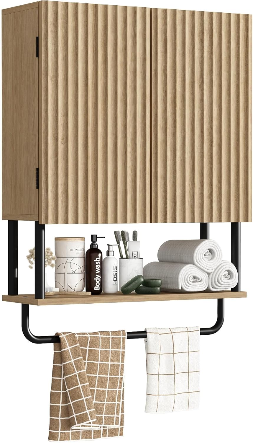 RUSTOWN Fluted Bathroom Wall Cabinet with 2 Doors, 3-Tier Modern Farmhouse Medicine Cabinet, Over The Toilet Storage Cabinet with Adjustable Shelf and Towel Bar (Natural, Medium) Natural Medium