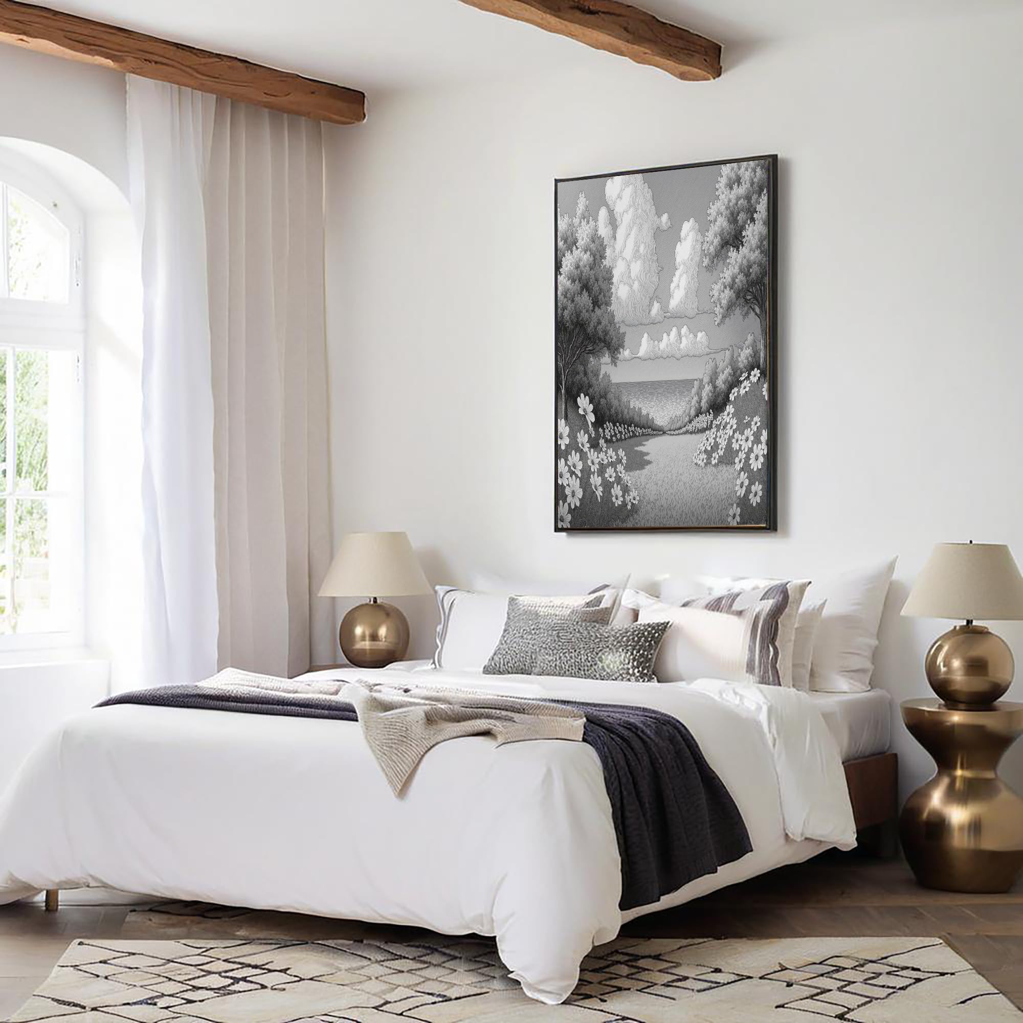 GDJSMIN Arte Murale Alberi Fiori E Motivo Marino, Decorazione Da Parete Per Bagno Schizzo Giardino Paesaggistico, Arte Murale Grigio Chiaro Su Tela Per Camera Da Letto Bagno 80×120 Cm Senza Cornice