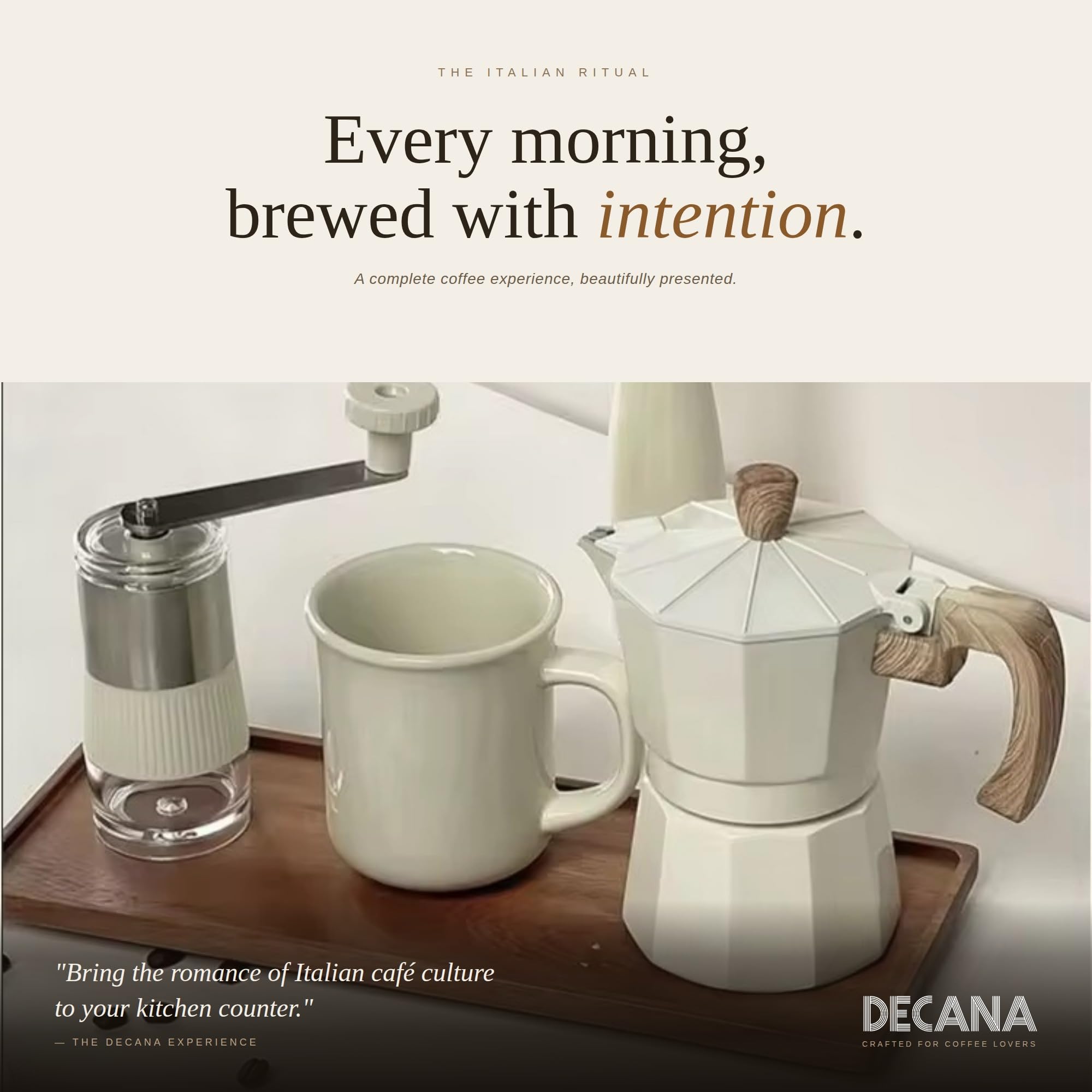 Decana Cafetière à moka 6 tasses – Cafetière à expresso 6 pièces avec moulin à café manuel, tasse en céramique, pot de rangement, filtres et brosse – Coffret cadeau pour les amateurs de café