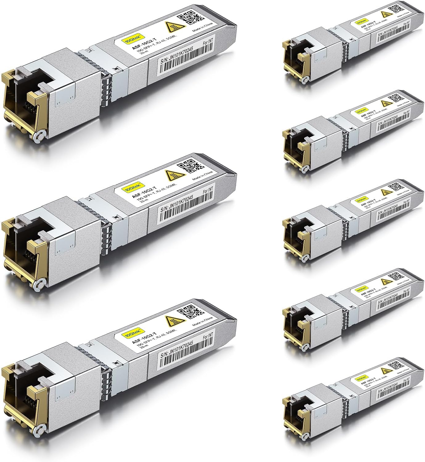 10Gtek 𝟭.𝟮𝟱/𝟮.𝟱/𝟱/𝟭𝟬𝗚-𝗧 𝗦𝗙𝗣+ 𝘁𝗼 𝗥𝗝𝟰𝟱, CAT.6a Copper Transceiver, Auto-Negotiation SFP+ Ethernet Module, up to 30-Meter, for Cisco SFP-10G-T-X, Netgear, Pack of 8