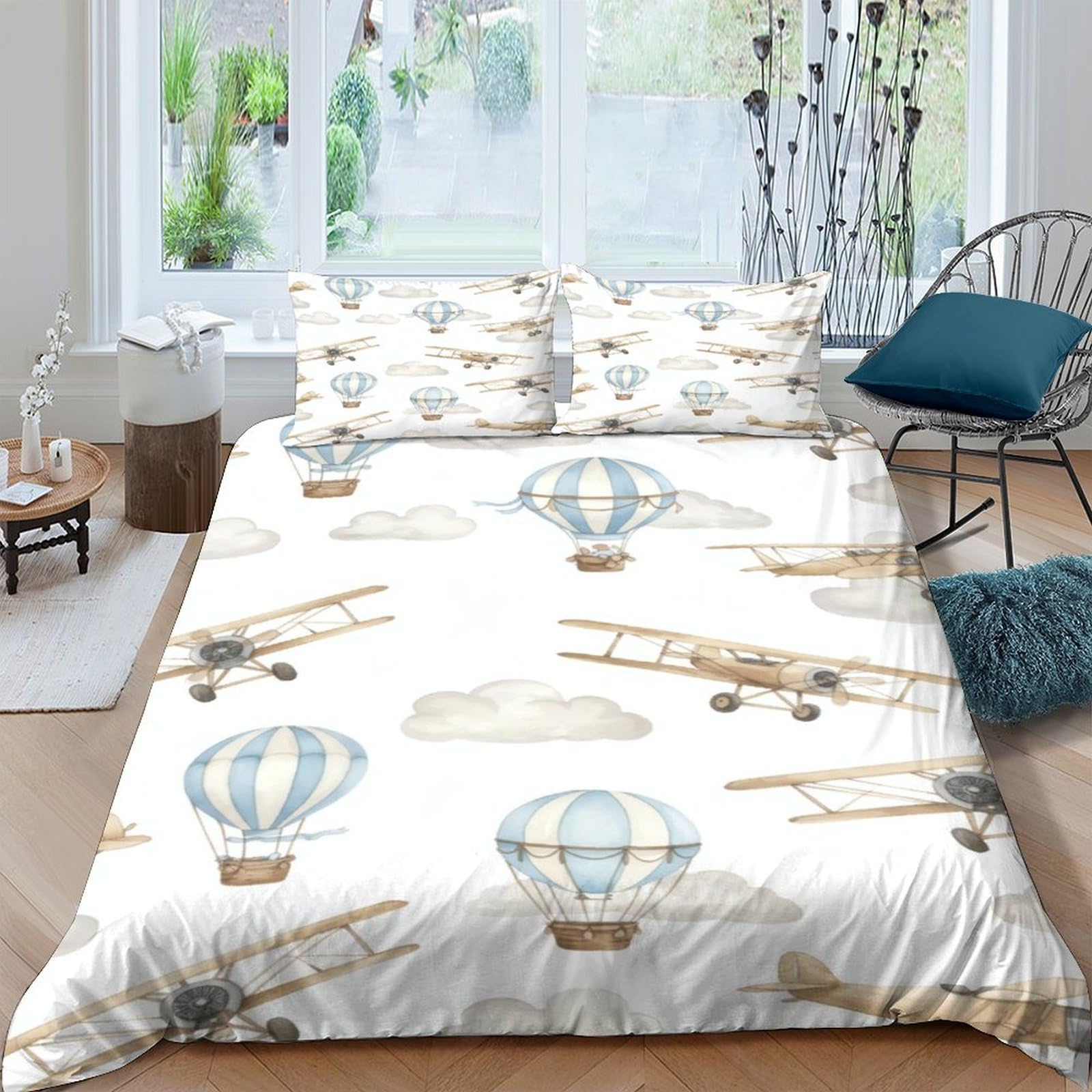 GPLZQXKJNH 3D Printed Vintage Hot Air Balloon Duvet Cover Set Microfiber Soft Breathable Airplane Quilt Cover with 2 Pillowcases for Bedroom Decor Single（135x200cm）