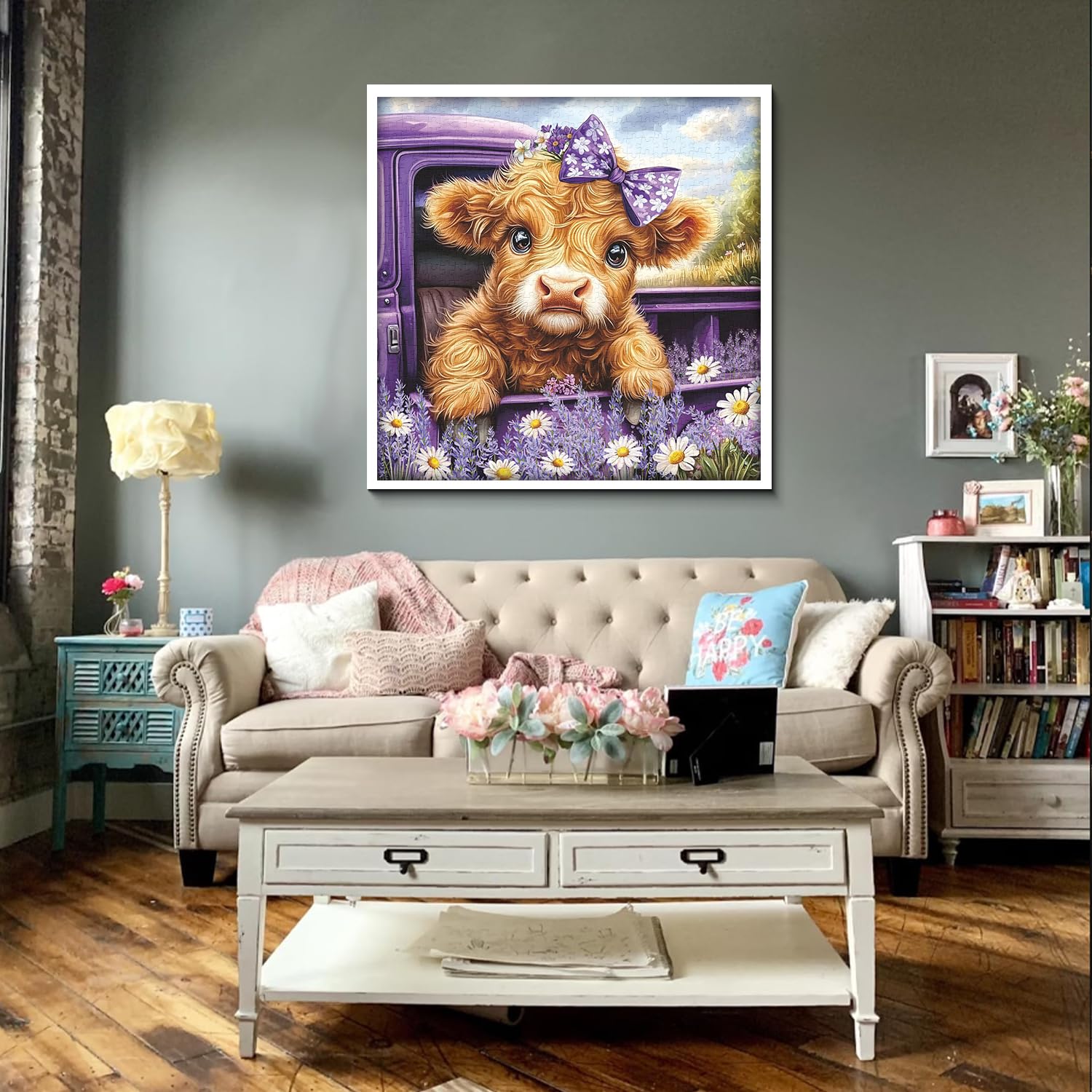 PPuzzling Highland Cow Puzzle for Adults 1000 Pieces, Cute Farm Cow Animal Puzzle Featuring Lavender Flower, Daisy Field & Purple Vintage Truck Scene Jigsaw Puzzle, Nature Floral Scenery Puzzle - Image 6
