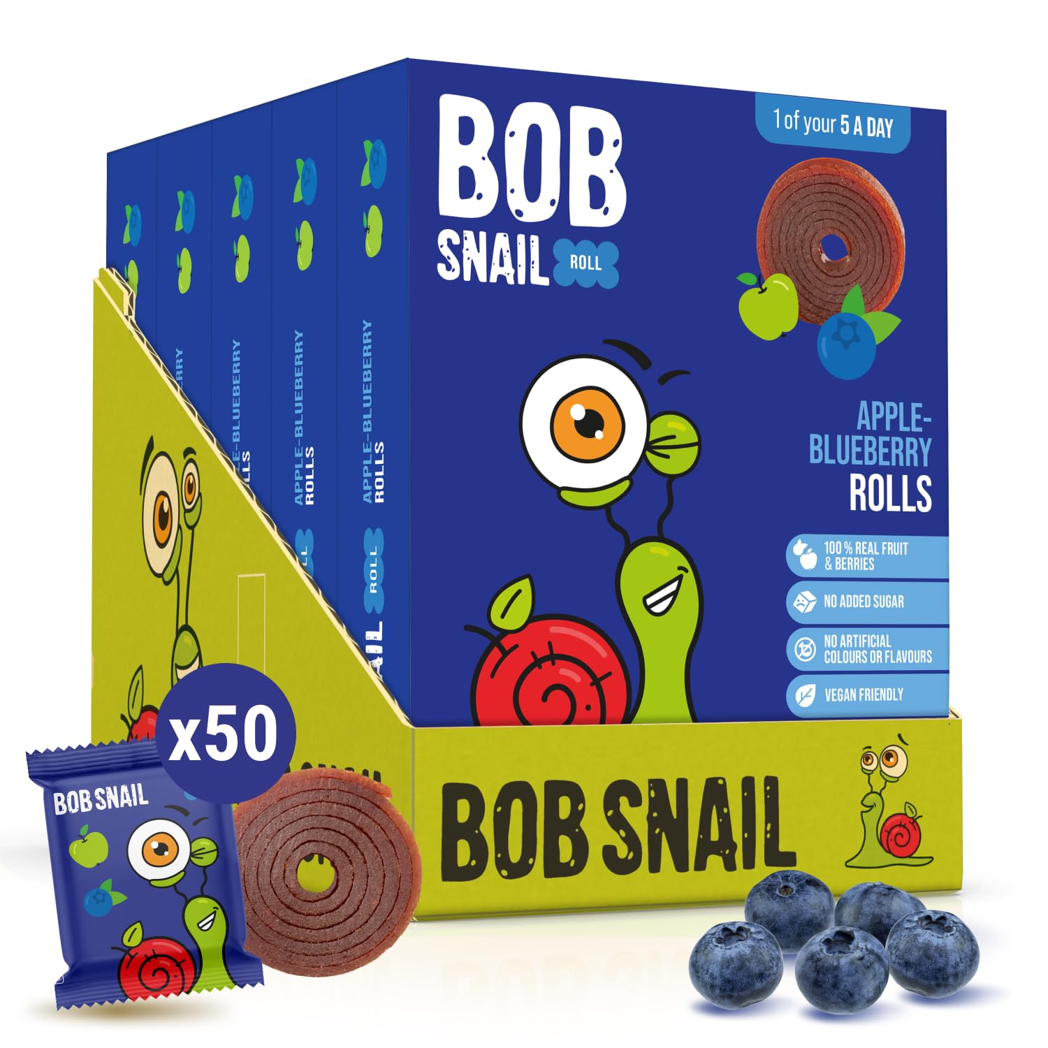 Bob Snail Dried Fruit Roll Ups 50 pcs, 500g Snack Bulk Pack for Kids, Healthy Fruit Snacks with Blueberry -Vegan, No Added Sugar