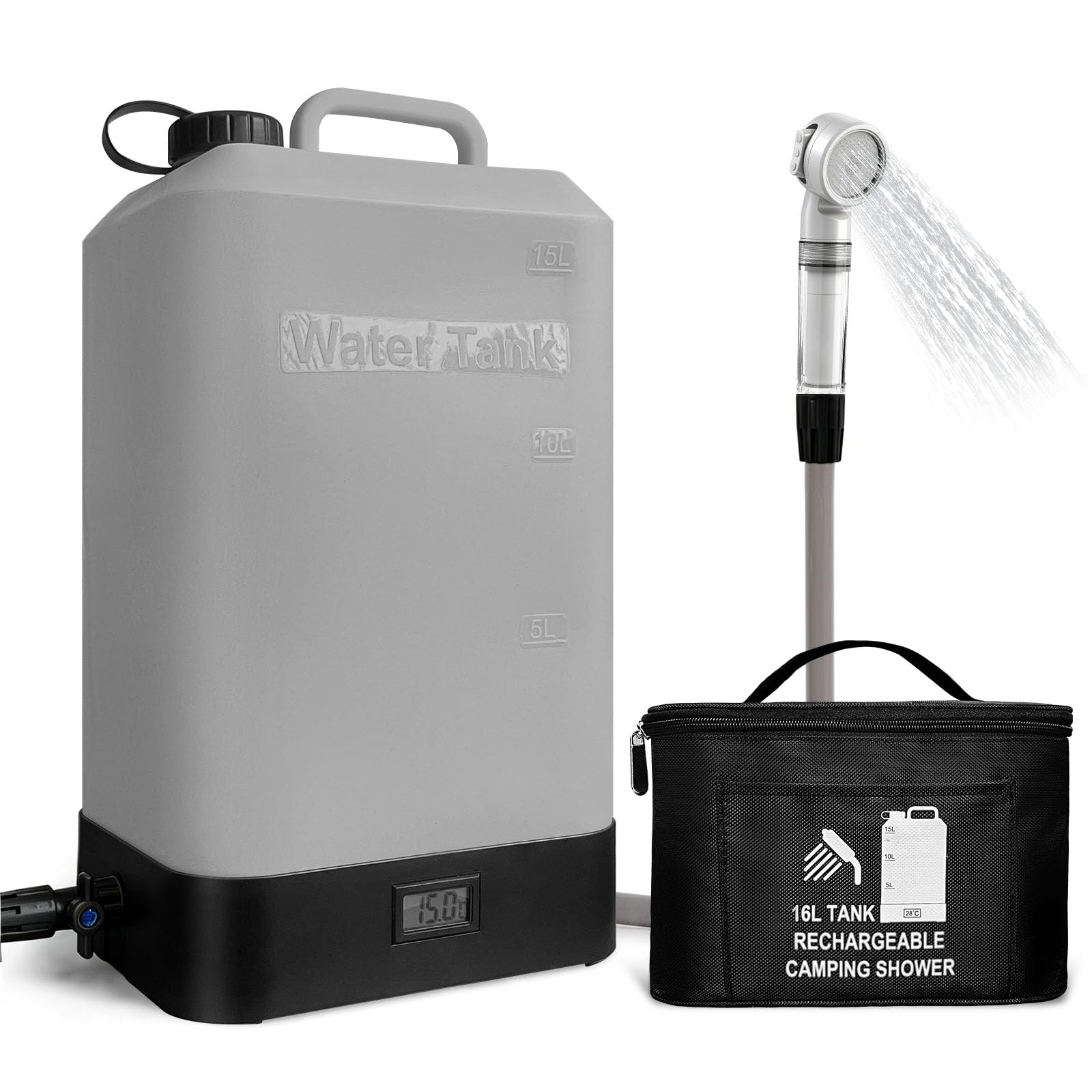 Doccia elettrica serbatoio in silicone da 16L,doccia portatile per esterni,con testina doccia a 3 modalità,riscaldamento solare e display della temperatura,ideale per campeggio,spiaggia e escursioni | Botti in silicone 16L, pieghevole, doccia in botte e p