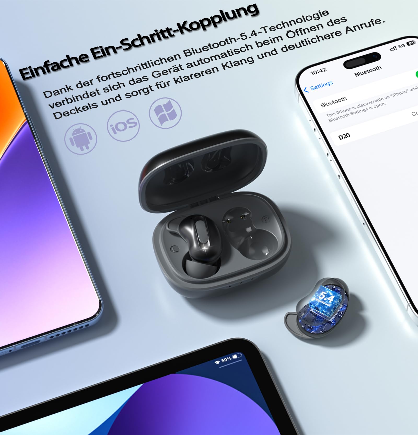 Bluetooth Kopfhörer, Schlafkopfhörer, In-Ear Kopfhörer Kabellos Bluetooth 5.4, Hi-Fi Sound mit ANC+ENC 4 Mikrofone 48H Kopfhörer, IPX7 Schlafmodus ohne Warnungen komfortabel Seitenschläfer Samtschwarz