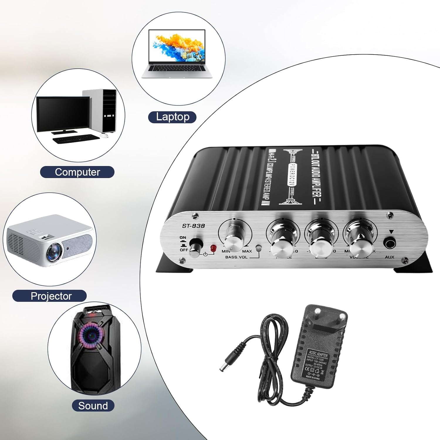 HiFi wzmacniacz audio, RMS 20 W x 2 + 40 W ST-838 mini wzmacniacz HiFi z wyjściem subwoofera, wzmacniacz stereo Class D 2.1CH z kanałem AUX do domu, głośnika samochodowego (w zestawie adapter sieciowy