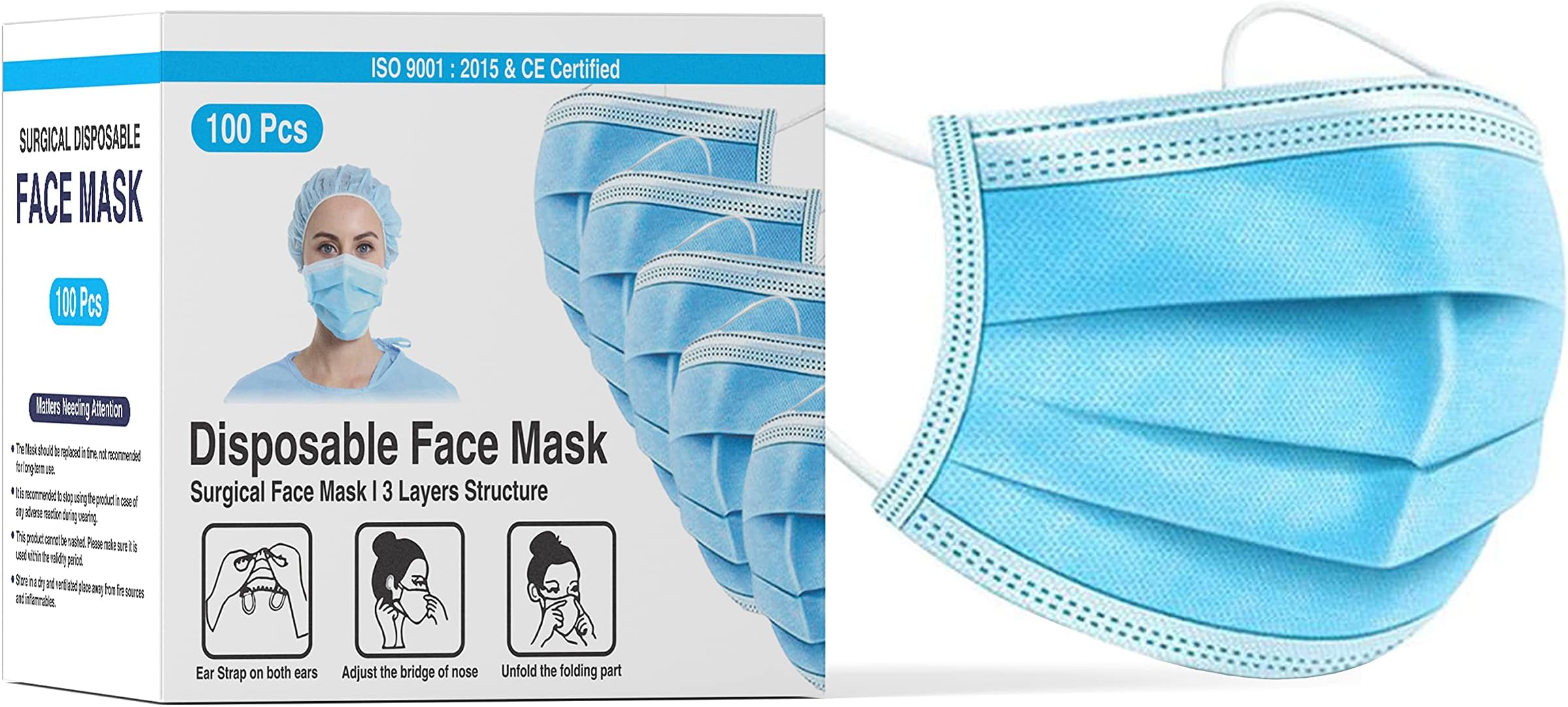 DALUCI Nonwoven Fabric Disposable 3Ply Surgical Face Mask (Blue, Without Valve, Pack of 100) for Unisex